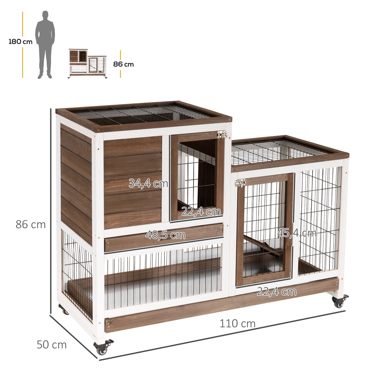 PawHut Conejera de Madera para Interior con Ruedas Jaula para Conejos Mascotas Pequeñas de 2 Pisos con Zona Abierta Rampa y 2 Bandejas Extraíbles 110x50x88 cm Marrón