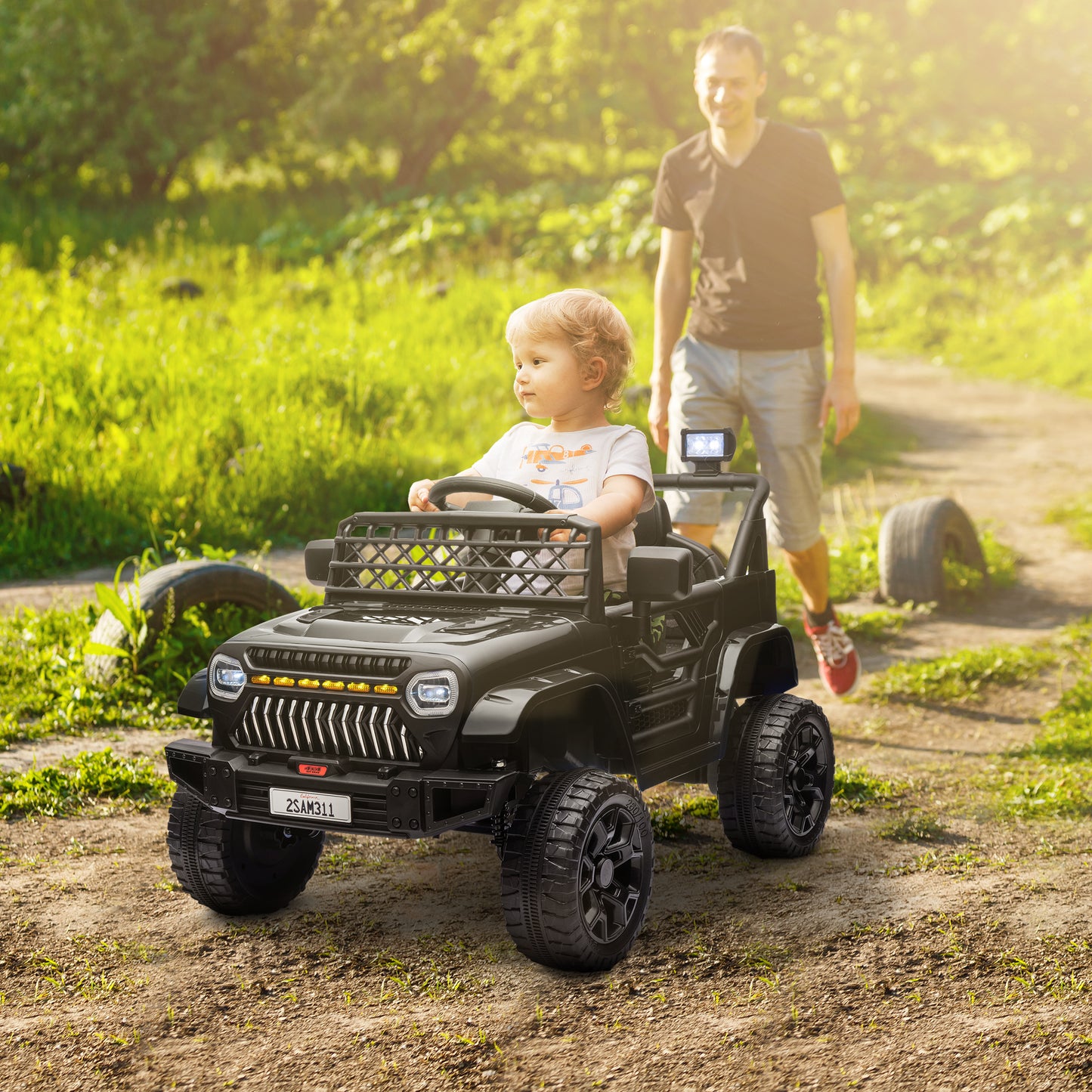 AIYAPLAY Coche Eléctrico para Niños de +3 Años Carro Eléctrico Infantil UTV Coche de Batería 12V con Mando a Distancia Velocidad Ajustable USB Faros Bocina Negro