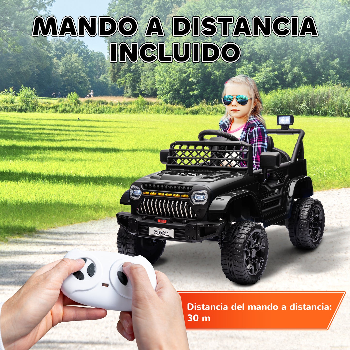 AIYAPLAY Coche Eléctrico para Niños de +3 Años Carro Eléctrico Infantil UTV Coche de Batería 12V con Mando a Distancia Velocidad Ajustable USB Faros Bocina Negro