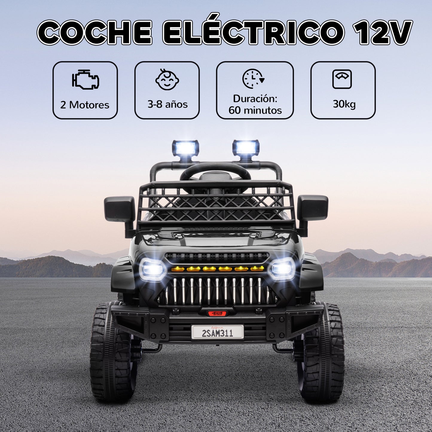 AIYAPLAY Coche Eléctrico para Niños de +3 Años Carro Eléctrico Infantil UTV Coche de Batería 12V con Mando a Distancia Velocidad Ajustable USB Faros Bocina Negro