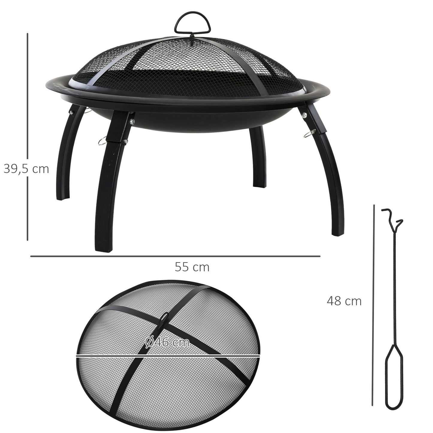 Outsunny Brasero Exterior Ø55 cm Chimenea Hoguera Portátil para Calefacción Barbacoa Terraza Patio Camping Jardín con Cubierta de Malla Atizador de Fuego Negro