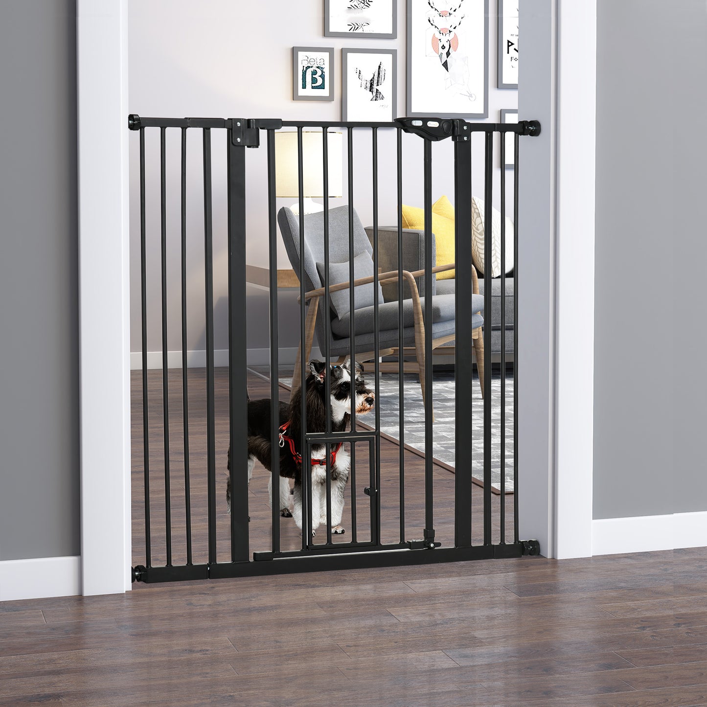 PawHut Barrera de Seguridad para Perros con 1 Puerta Pequeña 74-101x104,1 cm Barrera para Mascotas Extensible con Cierre Automático y Sistema de Doble Bloqueo para Puerta Pasillo Escalera Negro