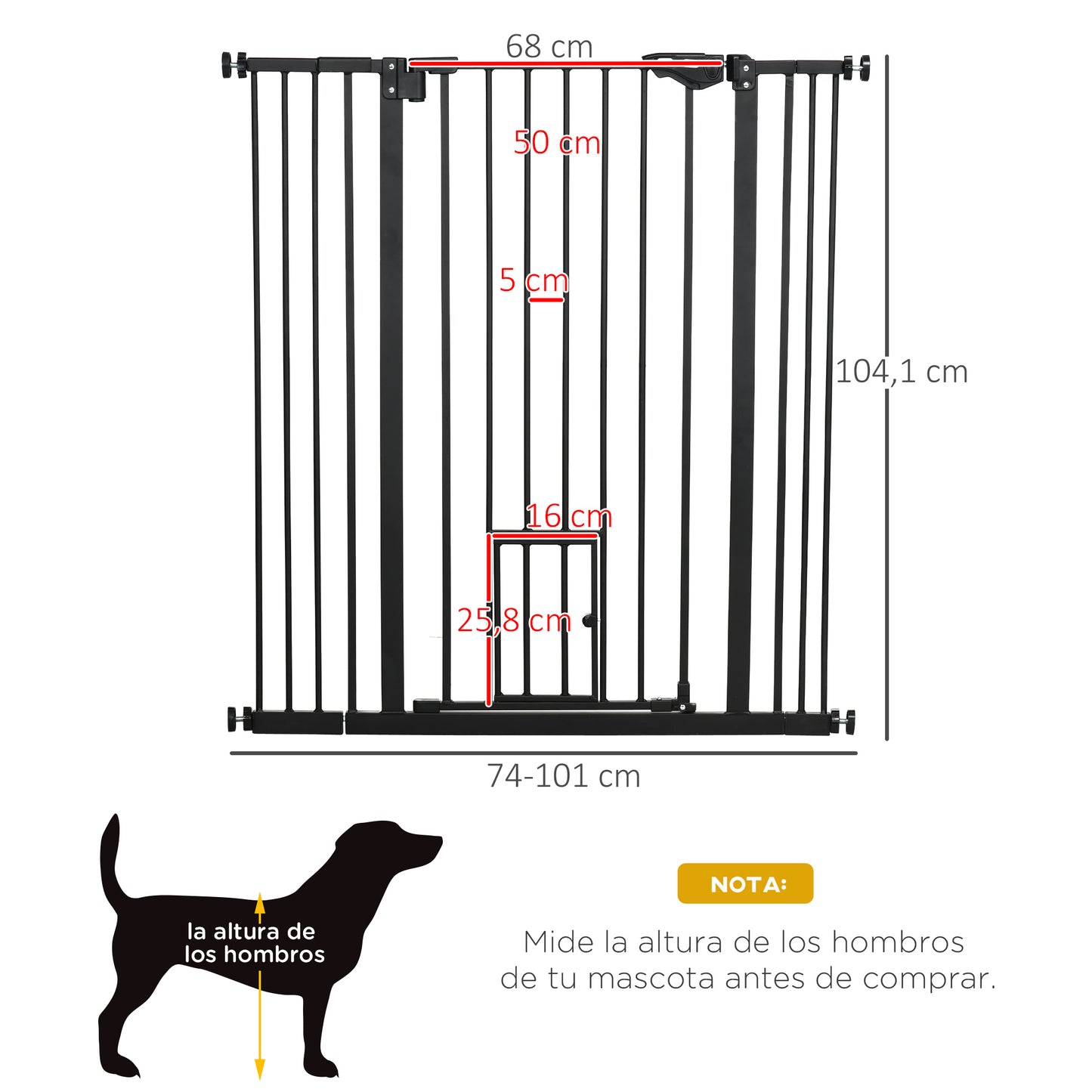 PawHut Barrera de Seguridad para Perros con 1 Puerta Pequeña 74-101x104,1 cm Barrera para Mascotas Extensible con Cierre Automático y Sistema de Doble Bloqueo para Puerta Pasillo Escalera Negro