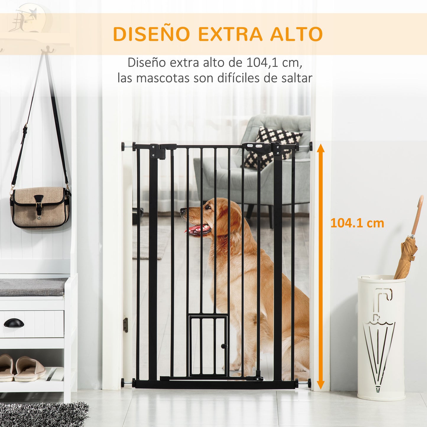 PawHut Barrera de Seguridad para Perros con 1 Puerta Pequeña 74-101x104,1 cm Barrera para Mascotas Extensible con Cierre Automático y Sistema de Doble Bloqueo para Puerta Pasillo Escalera Negro