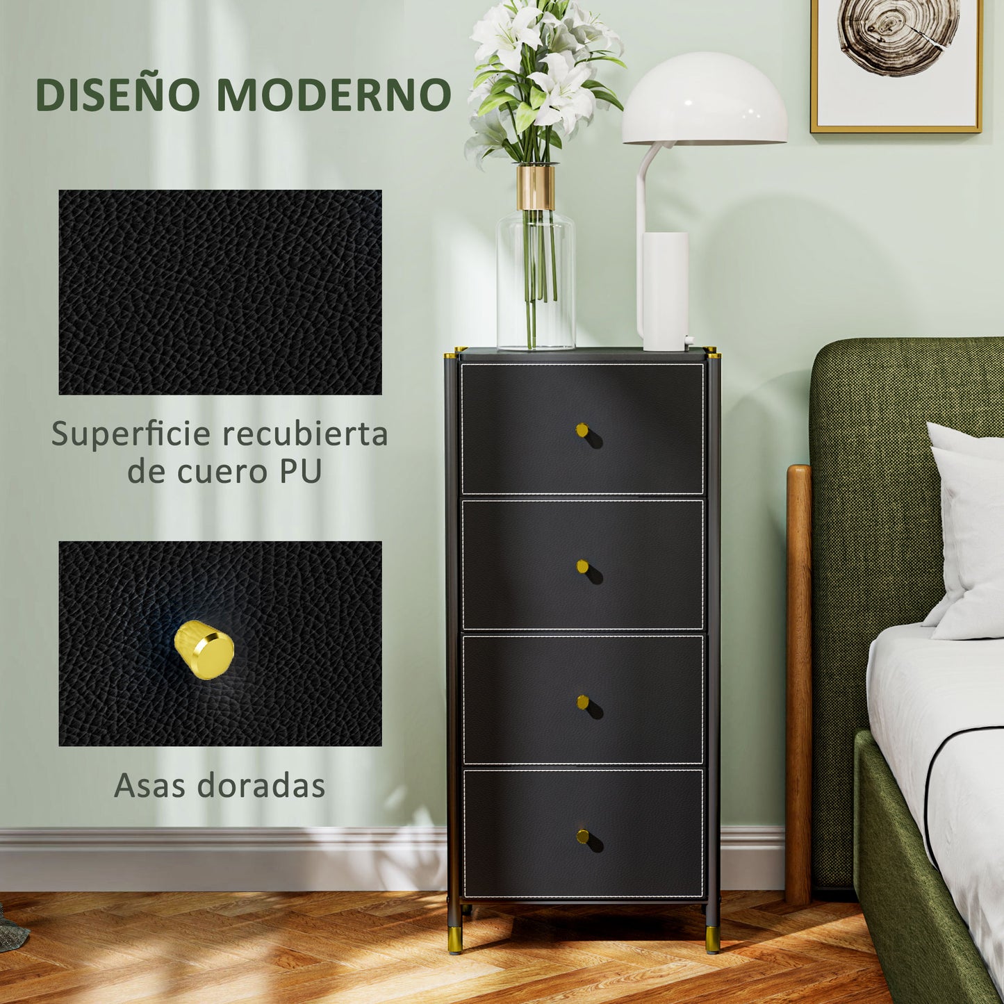 HOMCOM Cómoda para Dormitorio Cajonera de Tela con 4 Cajones Plegables con Frentes de PU y Marco de Acero Cajonera para Dormitorio Salón Negro