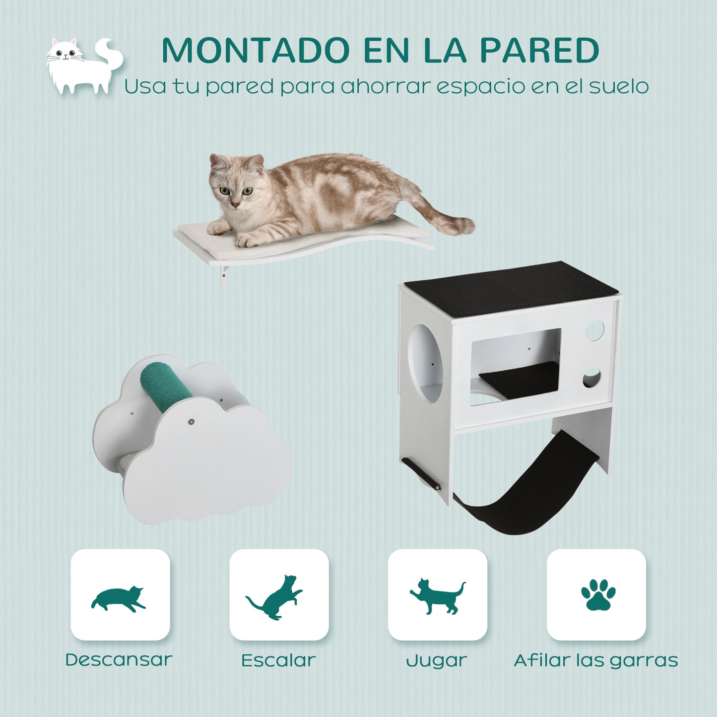 PawHut Estantes para Gatos de Pared de 3 Piezas Muebles de Pared para Gatos Centro de Actividades para Gatitos con Caseta Plataformas Hamaca Poste de Sisal y Cojines Suaves Blanco