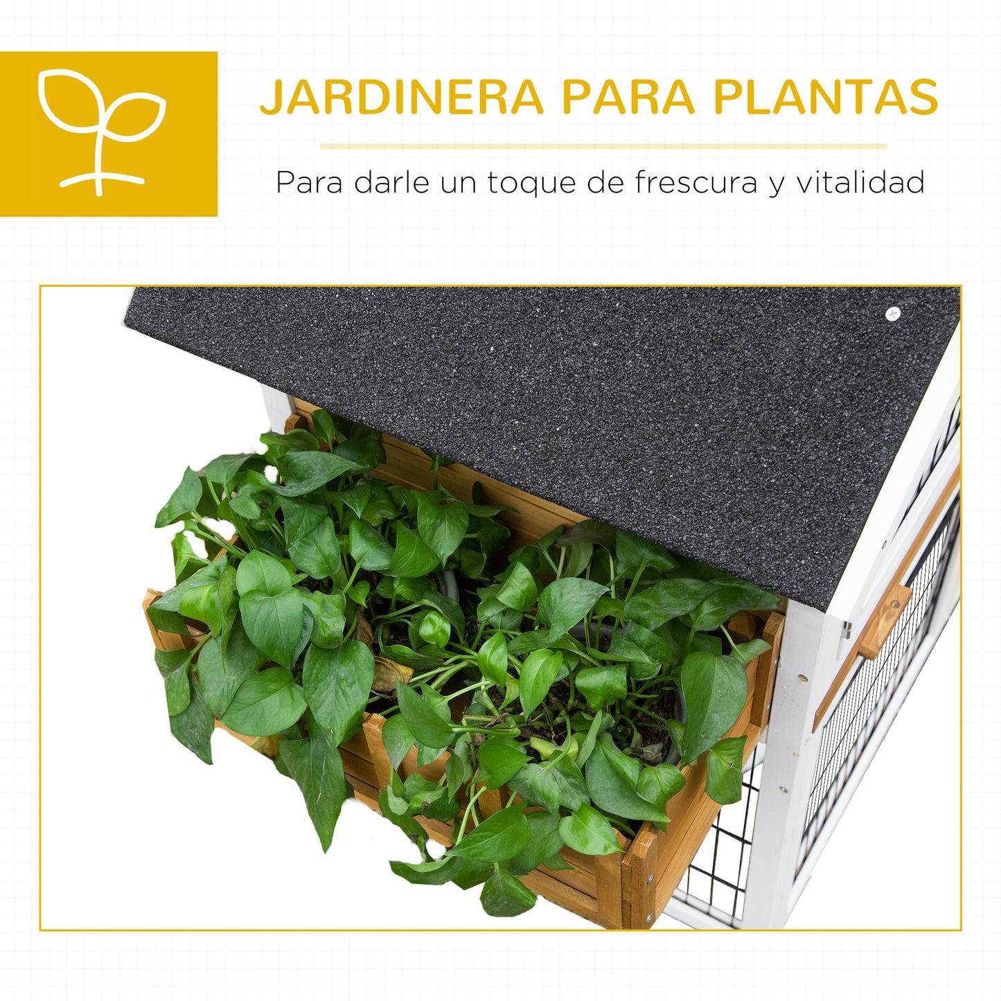 PawHut Conejera de Madera Exterior Jaula para Conejos de 2 Niveles con Techo Asfáltico Corral de Metal Jardinera para Cultivo Bandeja Extraíble Puertas y Rampa 123x58x106 cm Natural