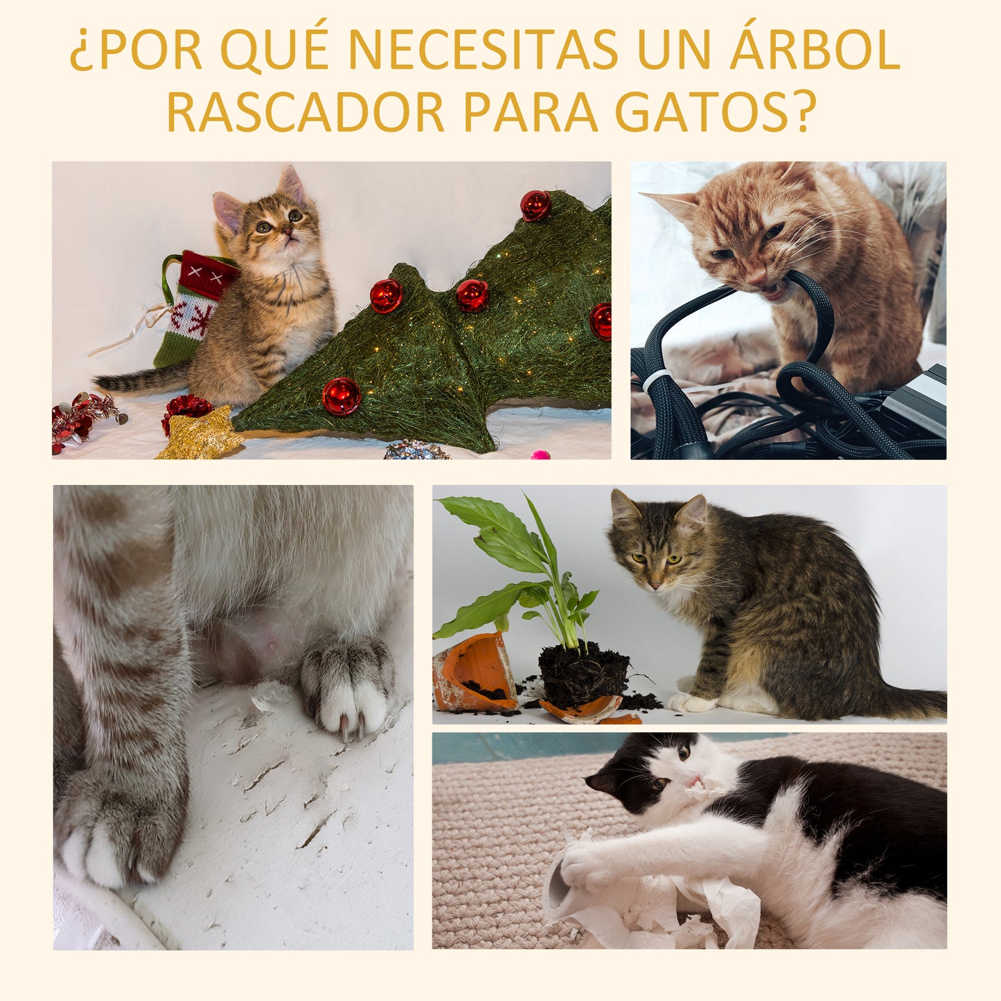 PawHut Árbol para Gatos de Suelo a Techo de 230-260 cm Torre para Gatos con Altura Ajustable Plataformas Hamaca y Postes de Sisal Marrón