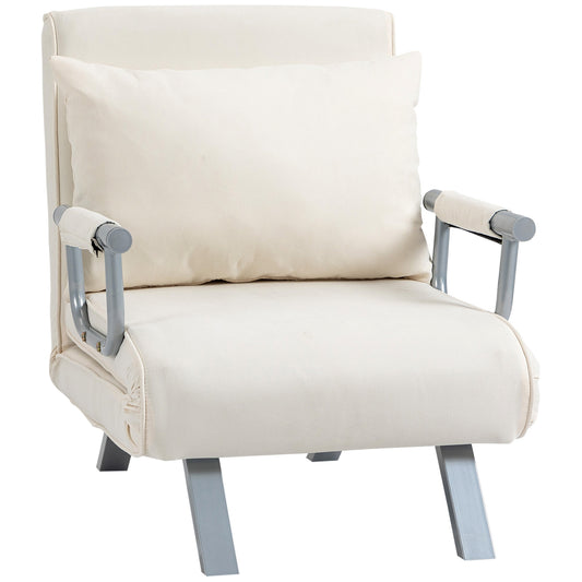 HOMCOM Sofá Cama Individual Sillón Cama Individual Sillón Reclinable con Almohada para Salón Dormitorio Oficina Carga 100 kg 65x69x80 cm Crema