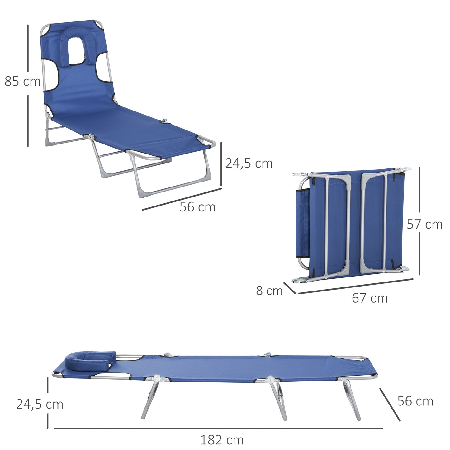 Outsunny Tumbona Reclinable y Plegable de Jardín con Orificio de Lectura Reposacabezas y Respaldo Ajustable en 5 Niveles para Playa 182x56x28 cm Azul