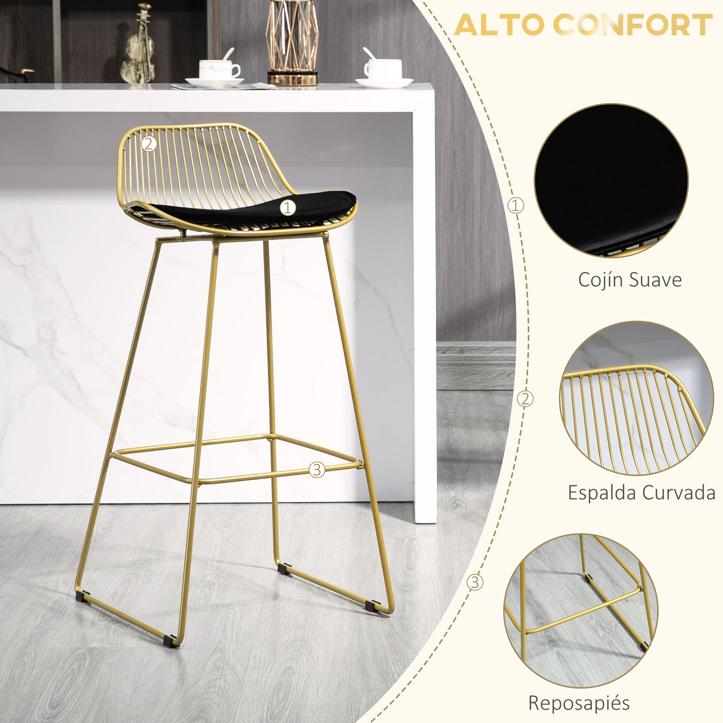 HOMCOM Conjunto de 4 Taburetes de Bar Taburetes Altos de Cocina con Cojín de Terciopelo Respaldo y Reposapiés Estilo Moderno Carga 120 kg para Comedor Sala 46,5x48x93 cm Dorado