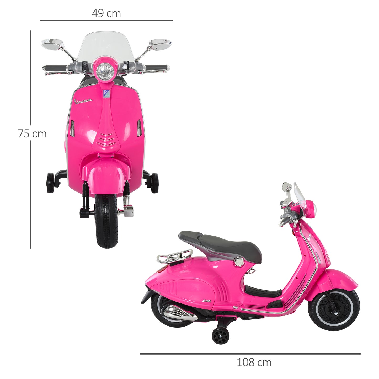 HOMCOM Moto Eléctrica para Niños de 3-6 Años Moto de Batería Autorizada de VESPA con Faros Música 2 Ruedas Auxiliares 108x49x75 cm Rosa