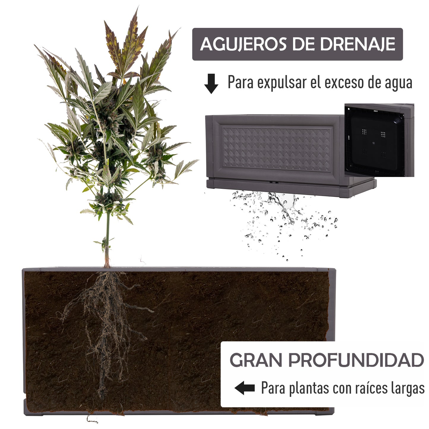 Outsunny Jardinera Plástica Maceta para Flores Rectangular con Agujeros de Drenaje y Profundidad Extra 60x30x29 cm Marrón