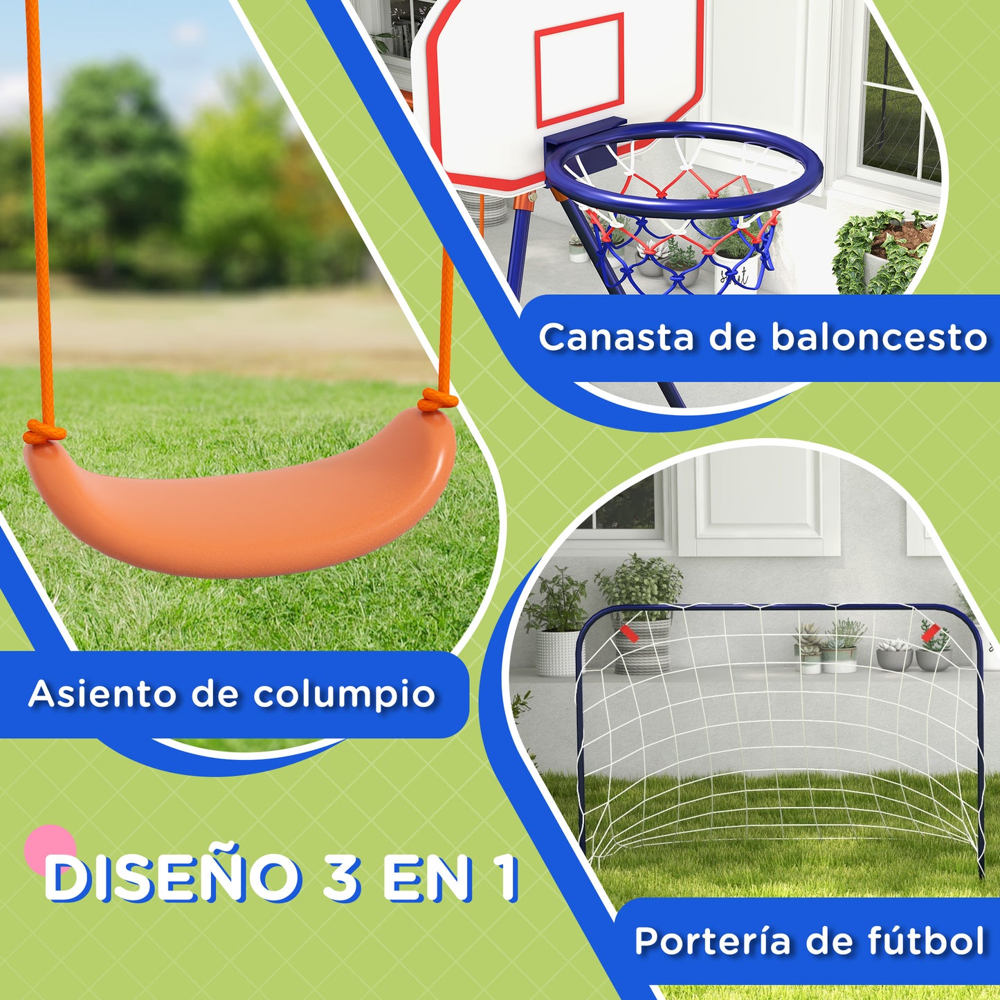 Outsunny Columpio Infantil 3 en 1 Columpio para Niños de 3-8 Años con Canasta y Portería de Fútbol Desmontable Marco de Acero Carga 45 kg para Exterior Multicolor