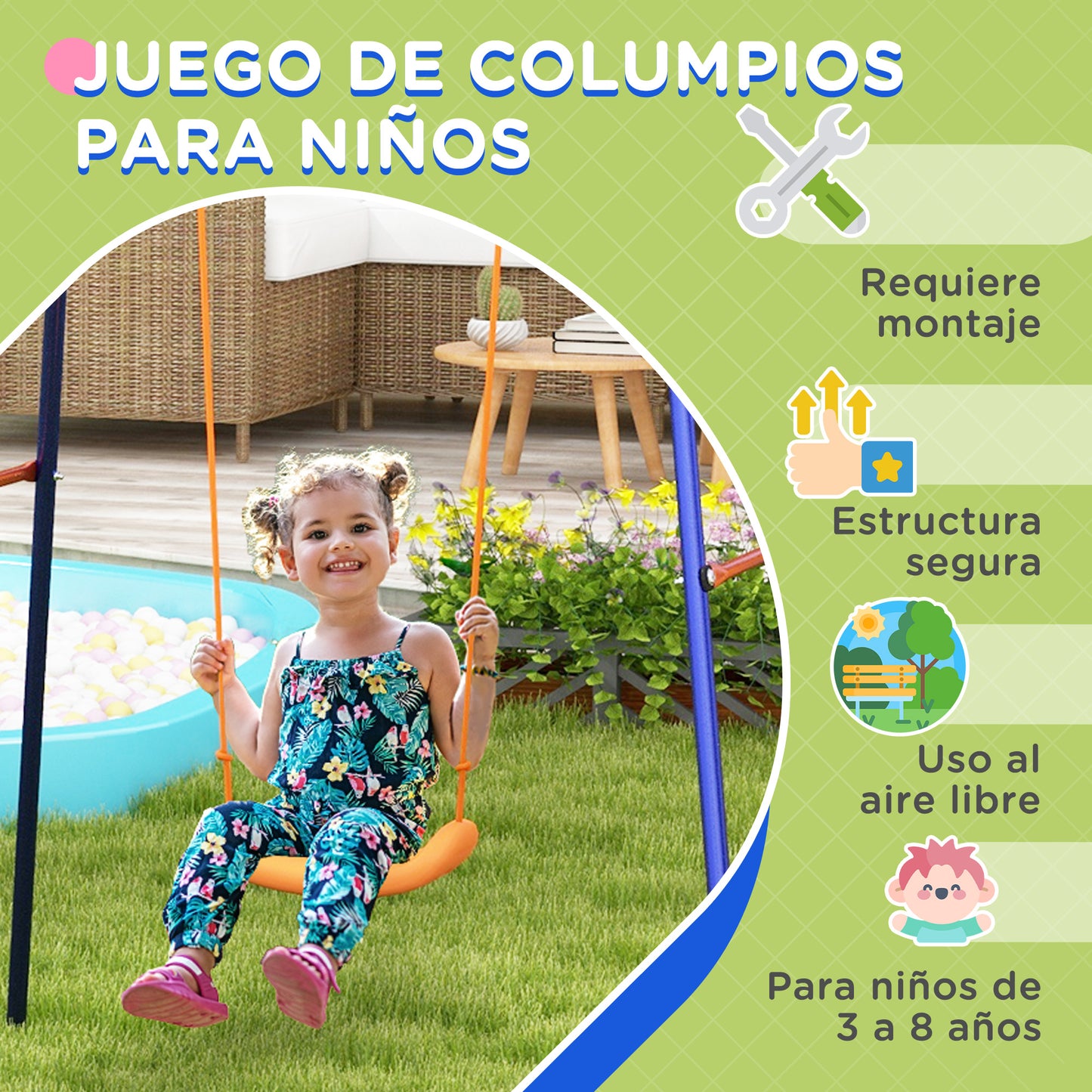 Outsunny Columpio Infantil 3 en 1 Columpio para Niños de 3-8 Años con Canasta y Portería de Fútbol Desmontable Marco de Acero Carga 45 kg para Exterior Multicolor