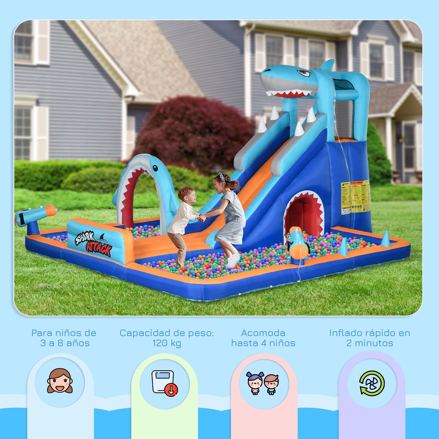 Outsunny Castillo Hinchable Infantil 6 en 1 Castillo Hinchable para Niños con Tobogán Piscina Muro de Escalada Cañón de Agua y Bolsa de Transporte Temática de Tiburón 440x350x240 cm Multicolor