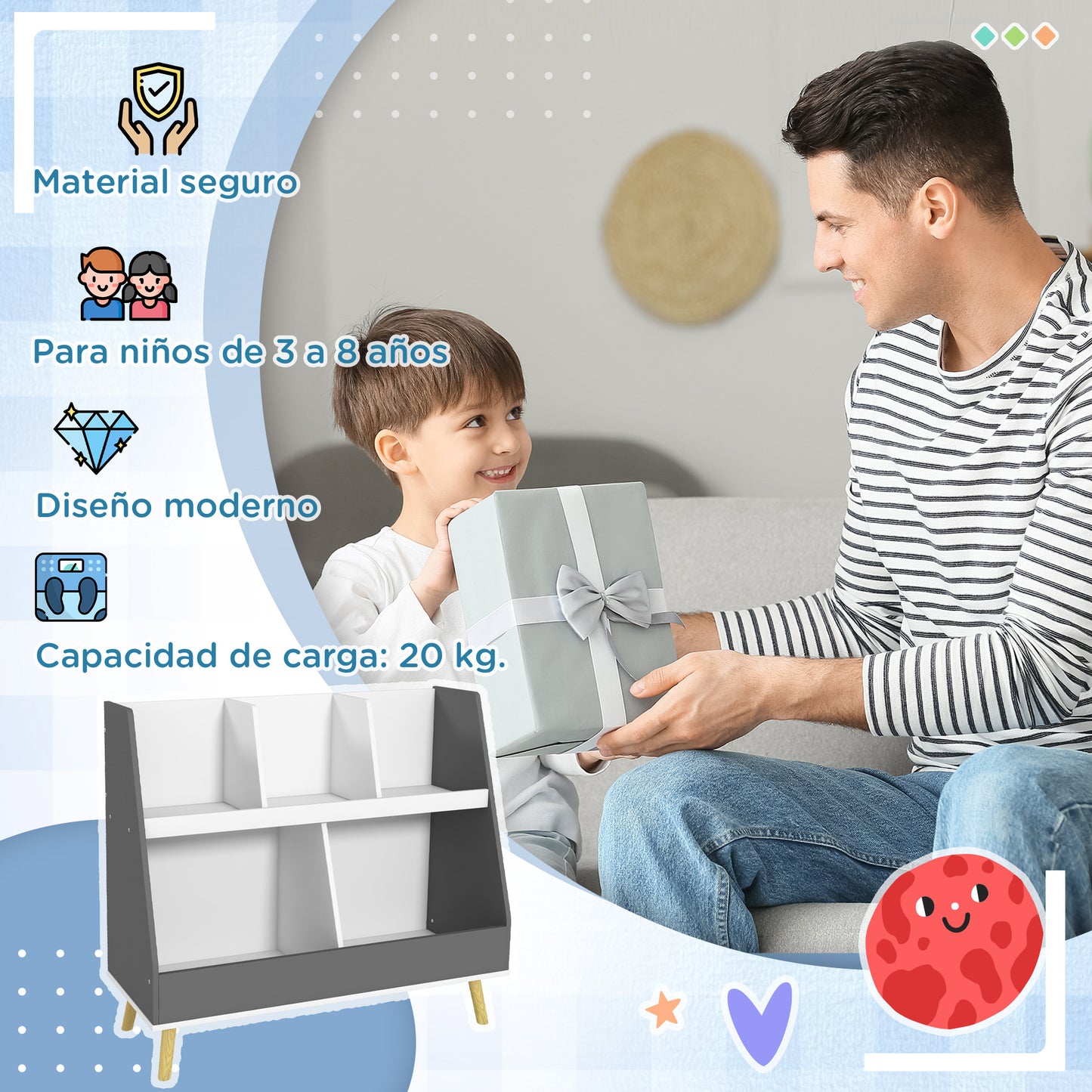 HOMCOM Estantería para Juguetes para Niños Organizador Infantil de 2 Niveles con 5 Compartimentos y Patas de Madera de Pino para Guardería Sala de Juegos 80x34x72,5 cm Gris y Blanco