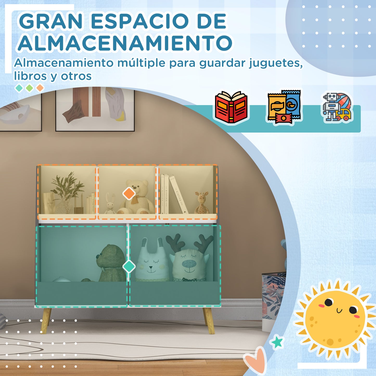 HOMCOM Estantería para Juguetes para Niños Organizador Infantil de 2 Niveles con 5 Compartimentos y Patas de Madera de Pino para Guardería Sala de Juegos 80x34x72,5 cm Gris y Blanco