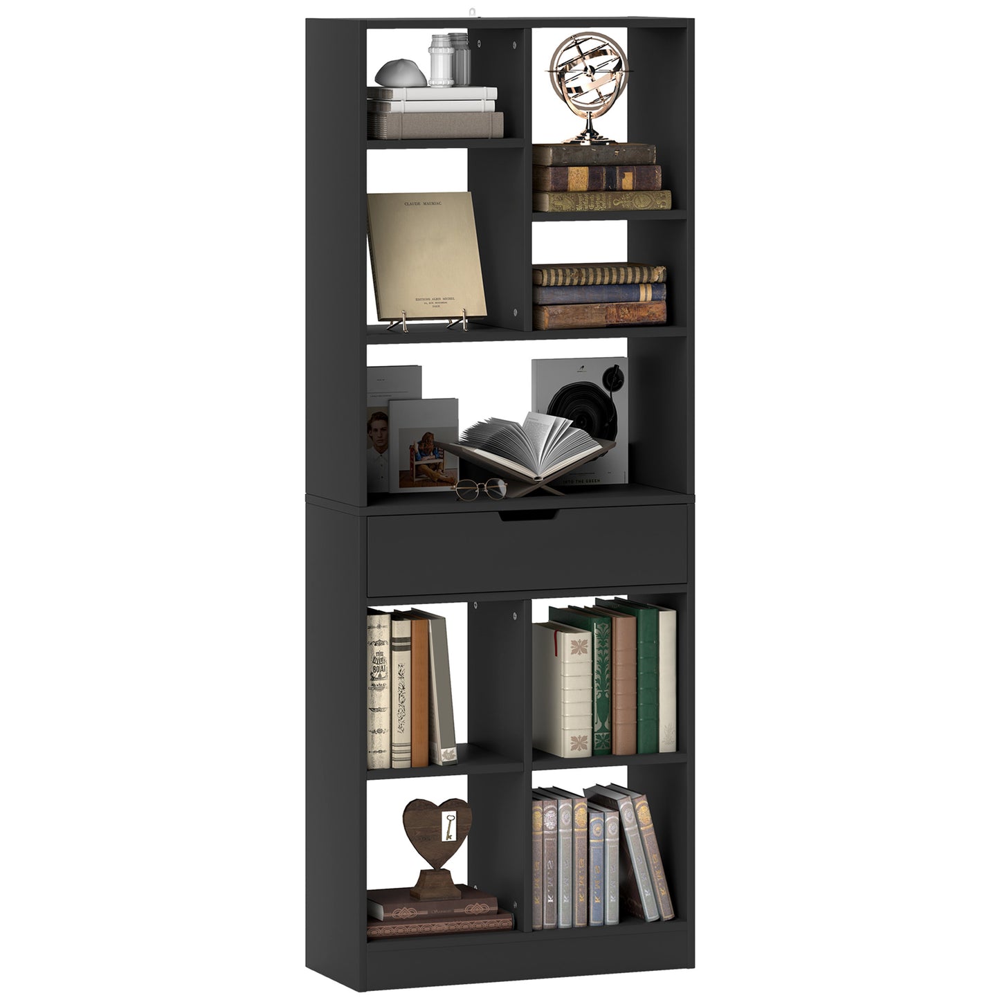 HOMCOM Estantería para Libros Librería con Cajón y 9 Compartimientos de Almacenamiento Librería Estantería para Salón Oficina Estudio 60x26x158 cm Negro