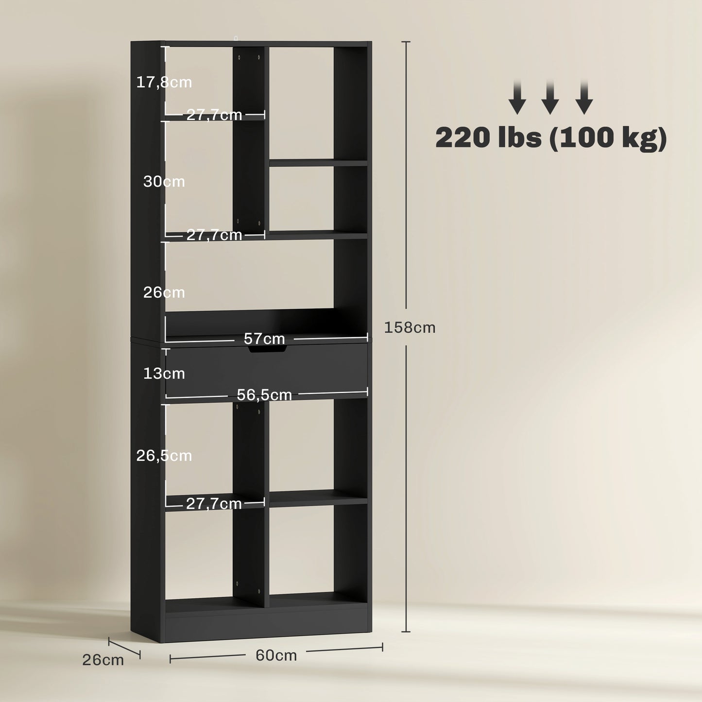 HOMCOM Estantería para Libros Librería con Cajón y 9 Compartimientos de Almacenamiento Librería Estantería para Salón Oficina Estudio 60x26x158 cm Negro