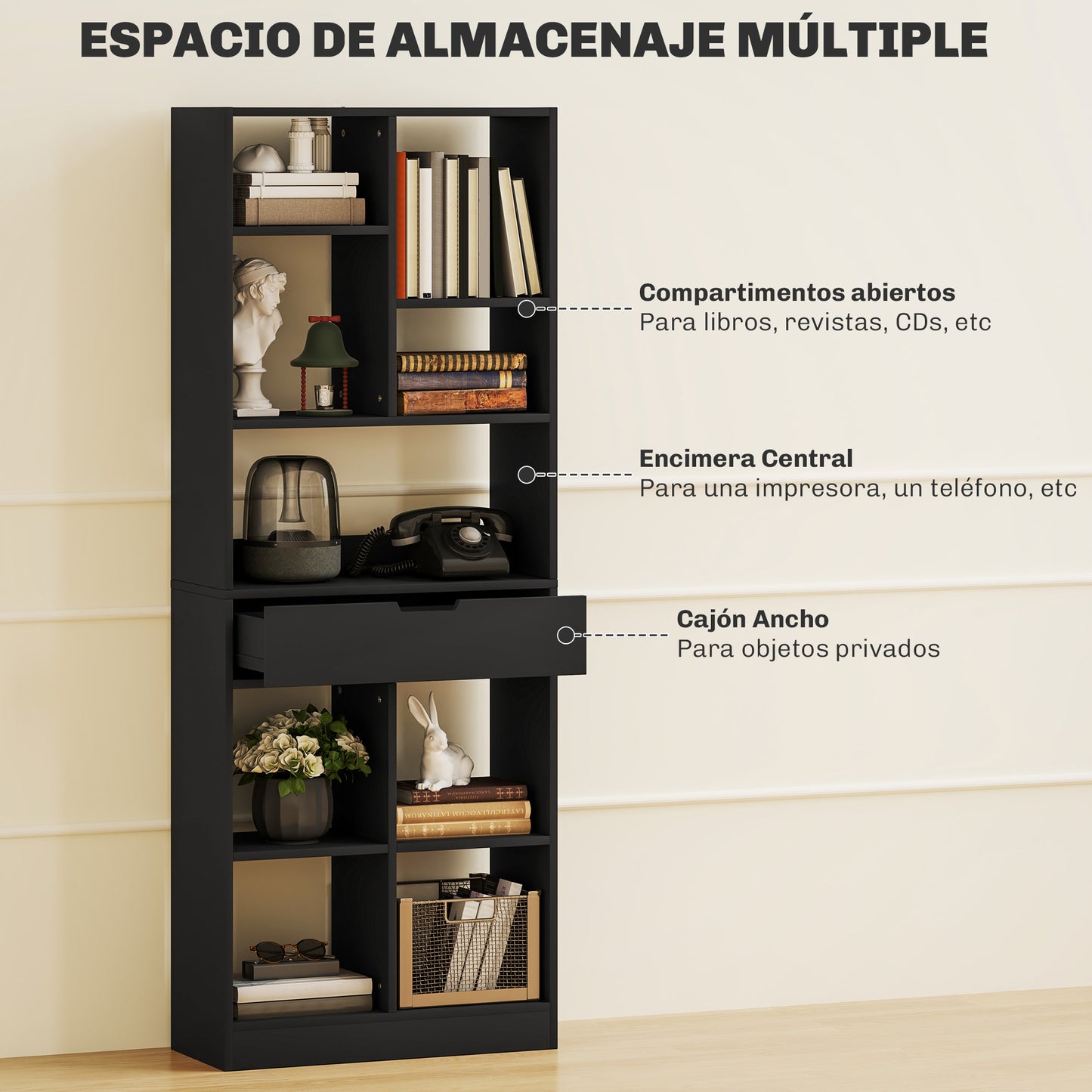 HOMCOM Estantería para Libros Librería con Cajón y 9 Compartimientos de Almacenamiento Librería Estantería para Salón Oficina Estudio 60x26x158 cm Negro