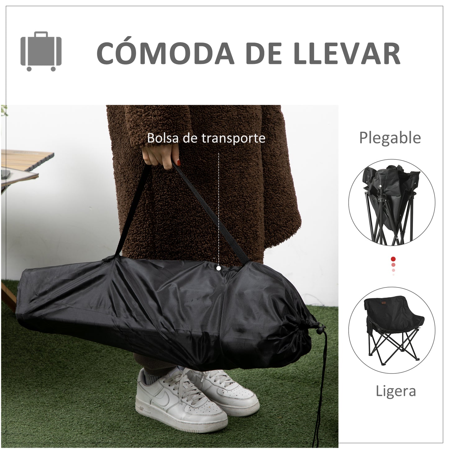 Outsunny Silla de Camping Plegable Silla de Pesca Portátil con Bolsa de Transporte y Marco de Acero Carga 110 kg para Patio Campamento Picnic Senderismo Negro