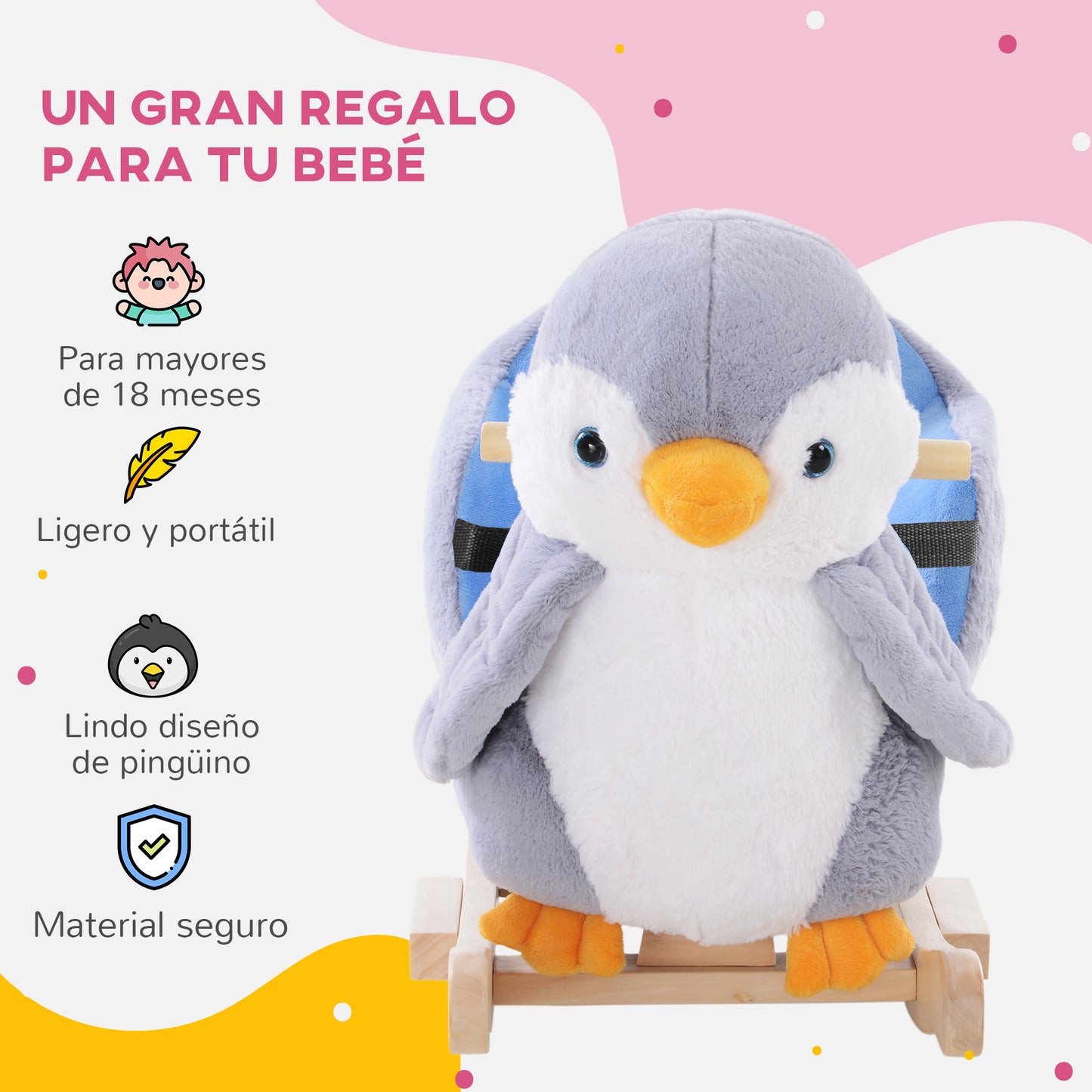 HOMCOM Caballito Balancín para Bebés de +18 Meses Forma de Pingüino Caballo Balancín de Madera con Músicas Asas y Cinturón de Seguridad Carga 40 kg 60x33x50 cm Gris