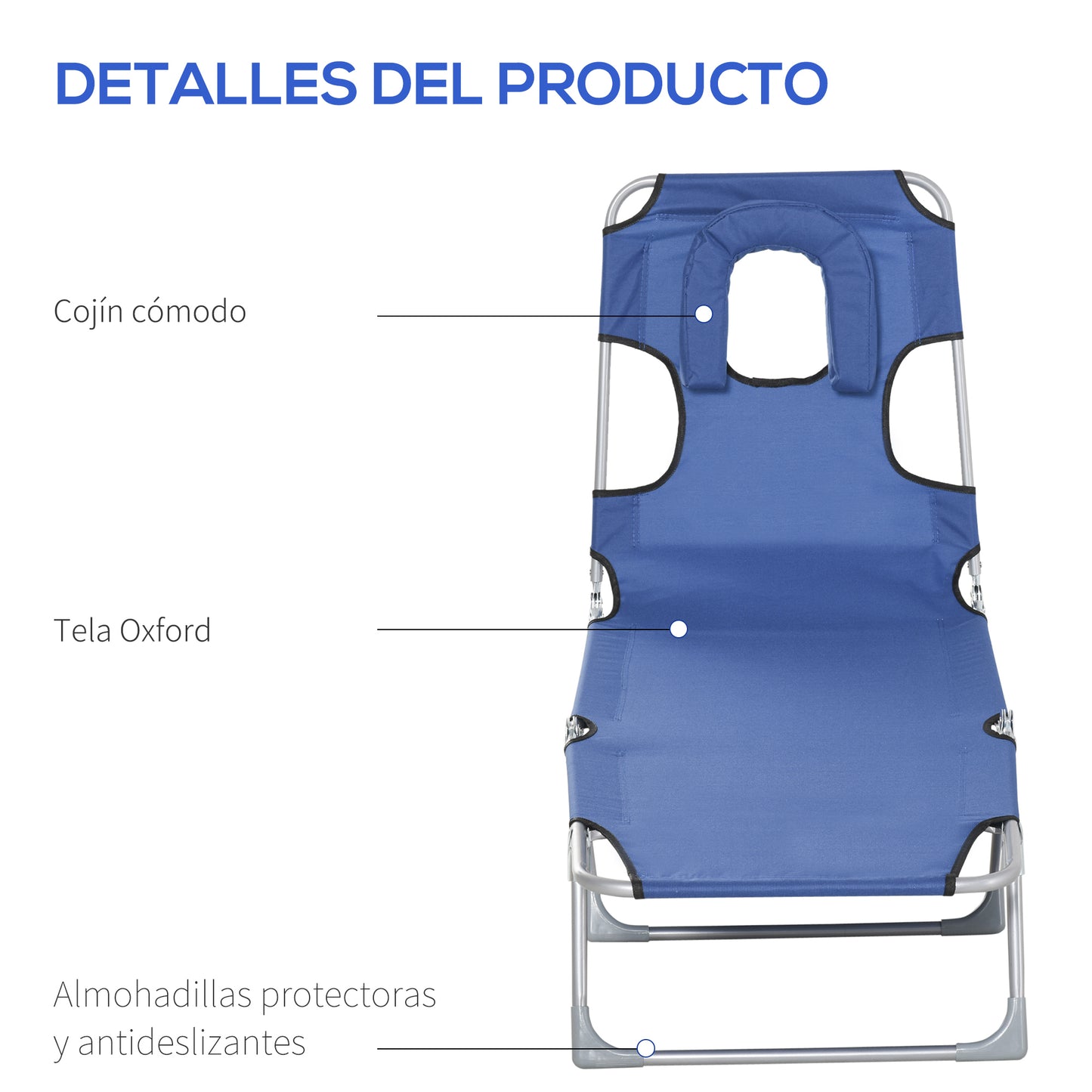 Outsunny Tumbona Reclinable y Plegable de Jardín con Orificio de Lectura Reposacabezas y Respaldo Ajustable en 5 Niveles para Playa 182x56x28 cm Azul