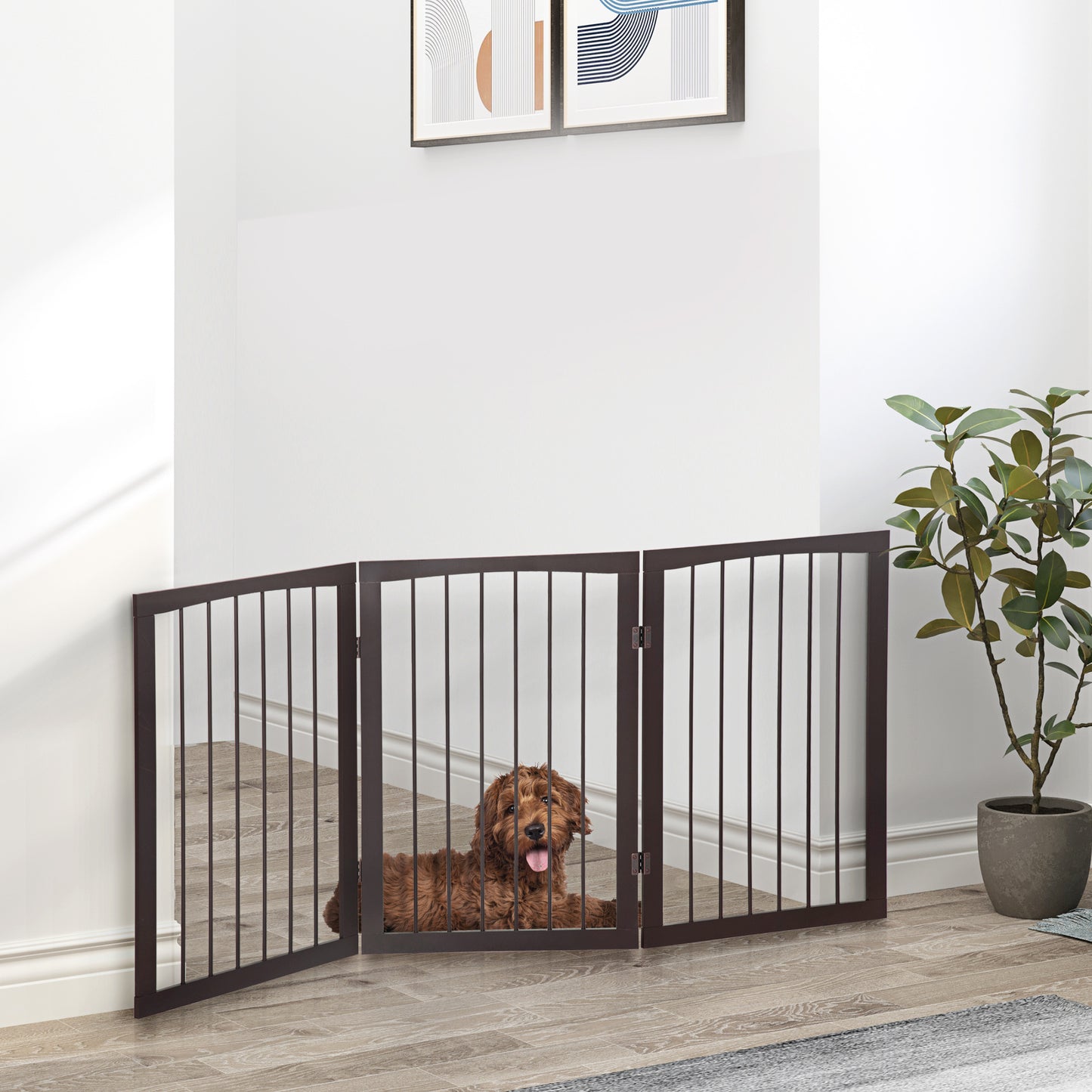 PawHut Barrera de Seguridad Plegable de 3 paneles Portátil para Mascotas Rejilla de Protección para Perros Pequeños 160x76 cm para Puertas Escaleras Pasillos Café Oscuro