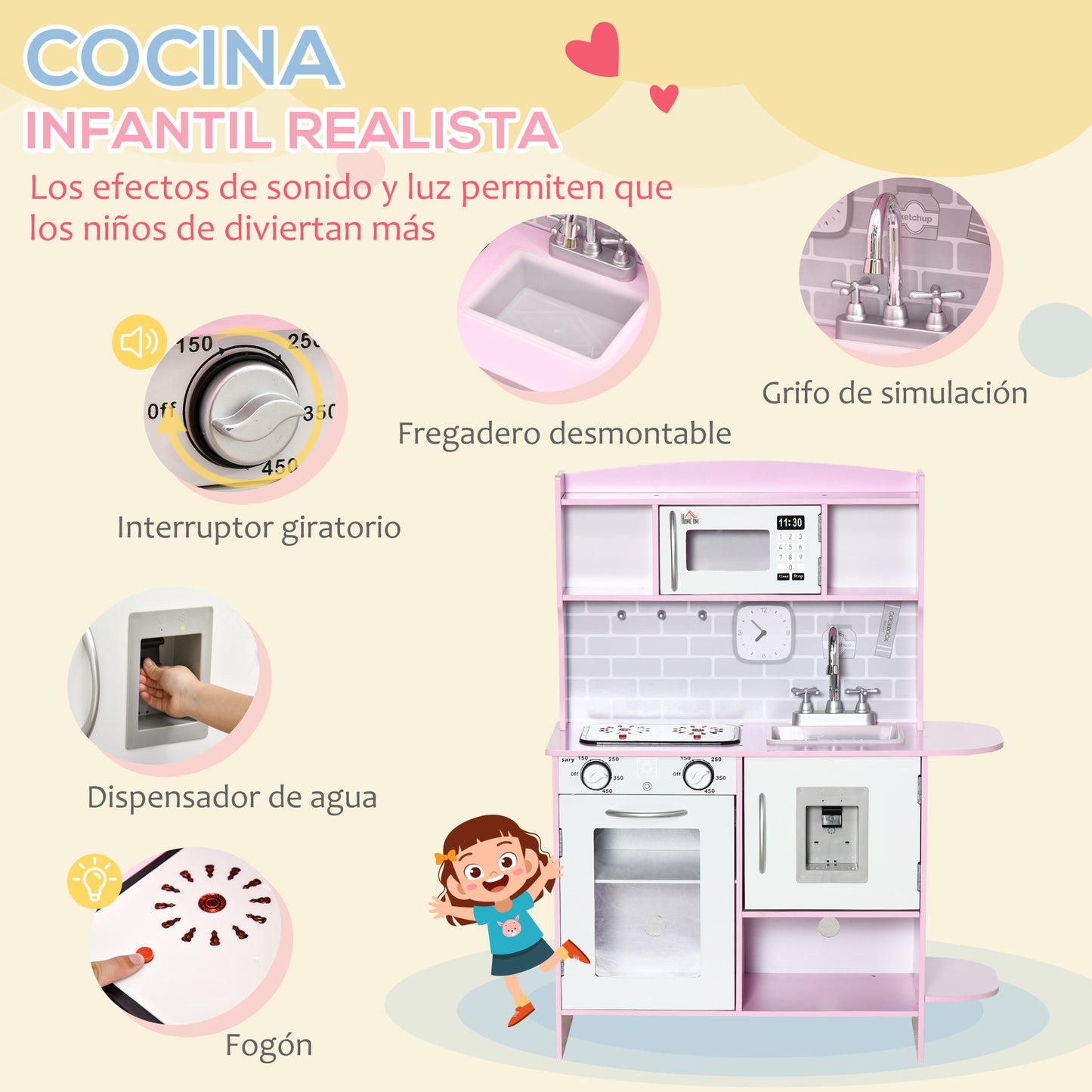 HOMCOM Cocina de Juguete de Madera para Niños de +3 Años Cocinita de Juguete con Luz Sonidos Fregadero Grifo con Agua Placa de Cocina Dispensador de Agua y Horno 70x29x90 cm Rosa