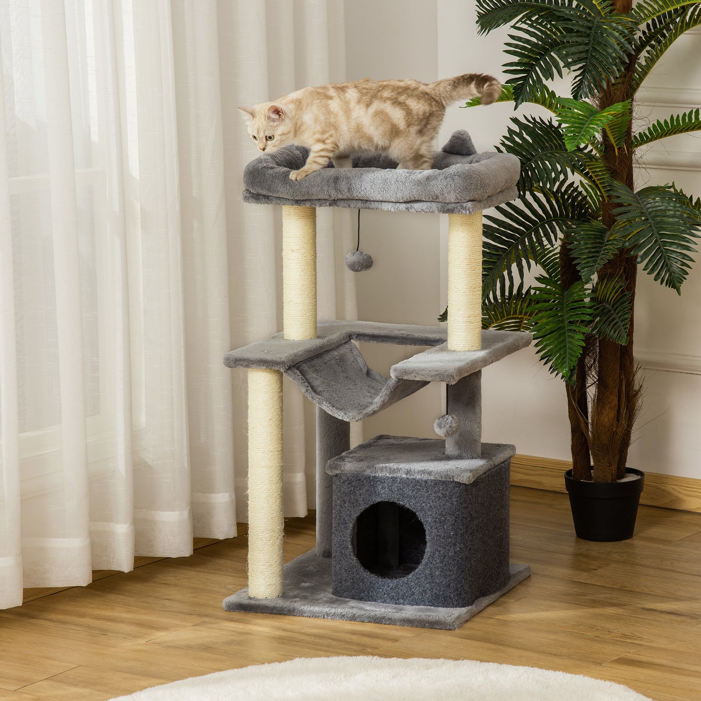 PawHut Árbol Rascador para Gatos Altura 90 cm Árbol para Gatos Torre para Gatos de 3 Niveles con Nido Hamaca Plataforma Bolas Colgantes y Poste de Sisal 48x48x90 cm Gris