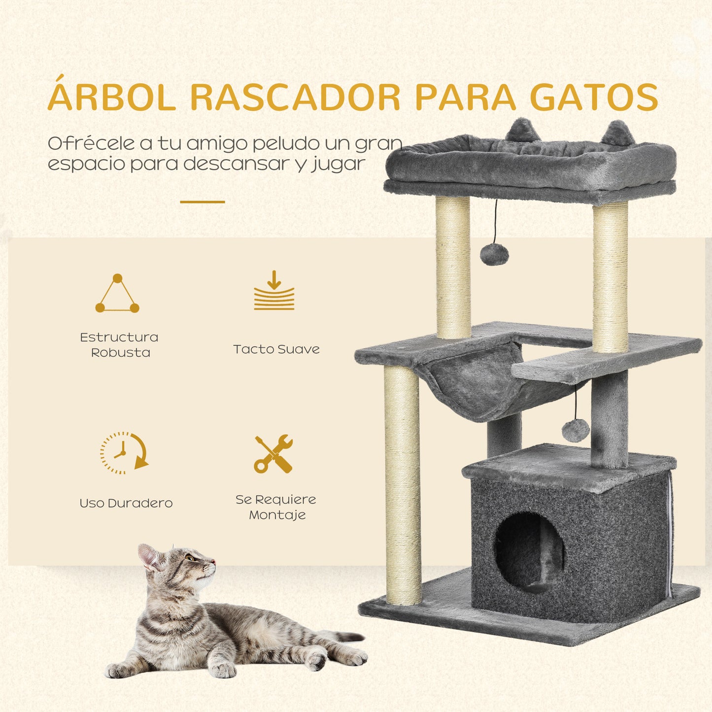 PawHut Árbol Rascador para Gatos Altura 90 cm Árbol para Gatos Torre para Gatos de 3 Niveles con Nido Hamaca Plataforma Bolas Colgantes y Poste de Sisal 48x48x90 cm Gris