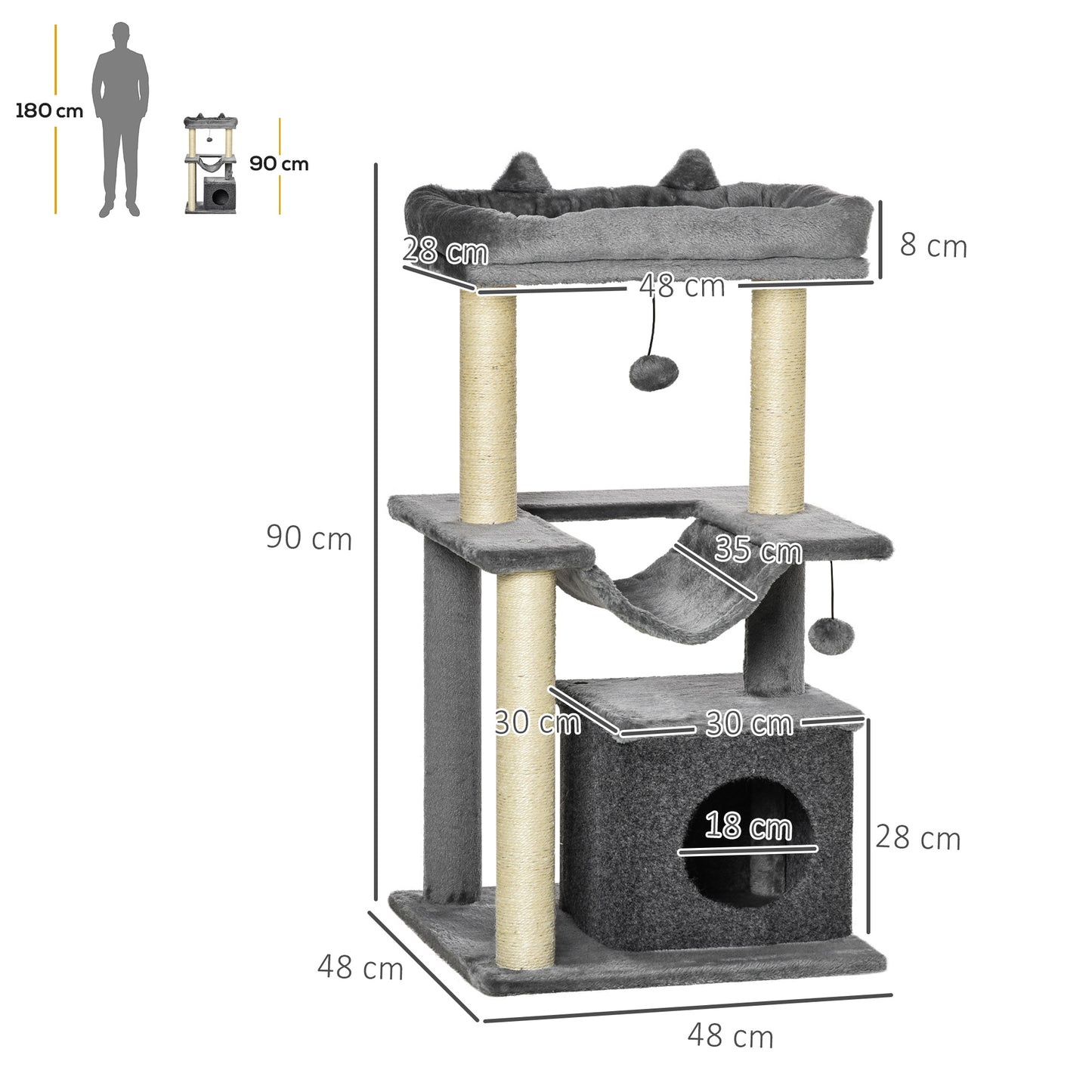 PawHut Árbol Rascador para Gatos Altura 90 cm Árbol para Gatos Torre para Gatos de 3 Niveles con Nido Hamaca Plataforma Bolas Colgantes y Poste de Sisal 48x48x90 cm Gris