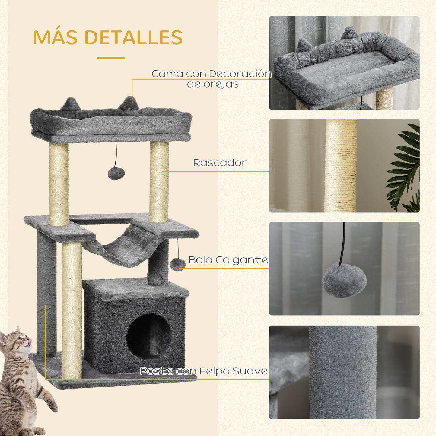 PawHut Árbol Rascador para Gatos Altura 90 cm Árbol para Gatos Torre para Gatos de 3 Niveles con Nido Hamaca Plataforma Bolas Colgantes y Poste de Sisal 48x48x90 cm Gris