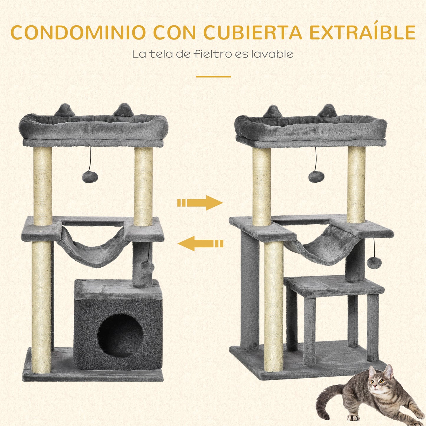 PawHut Árbol Rascador para Gatos Altura 90 cm Árbol para Gatos Torre para Gatos de 3 Niveles con Nido Hamaca Plataforma Bolas Colgantes y Poste de Sisal 48x48x90 cm Gris