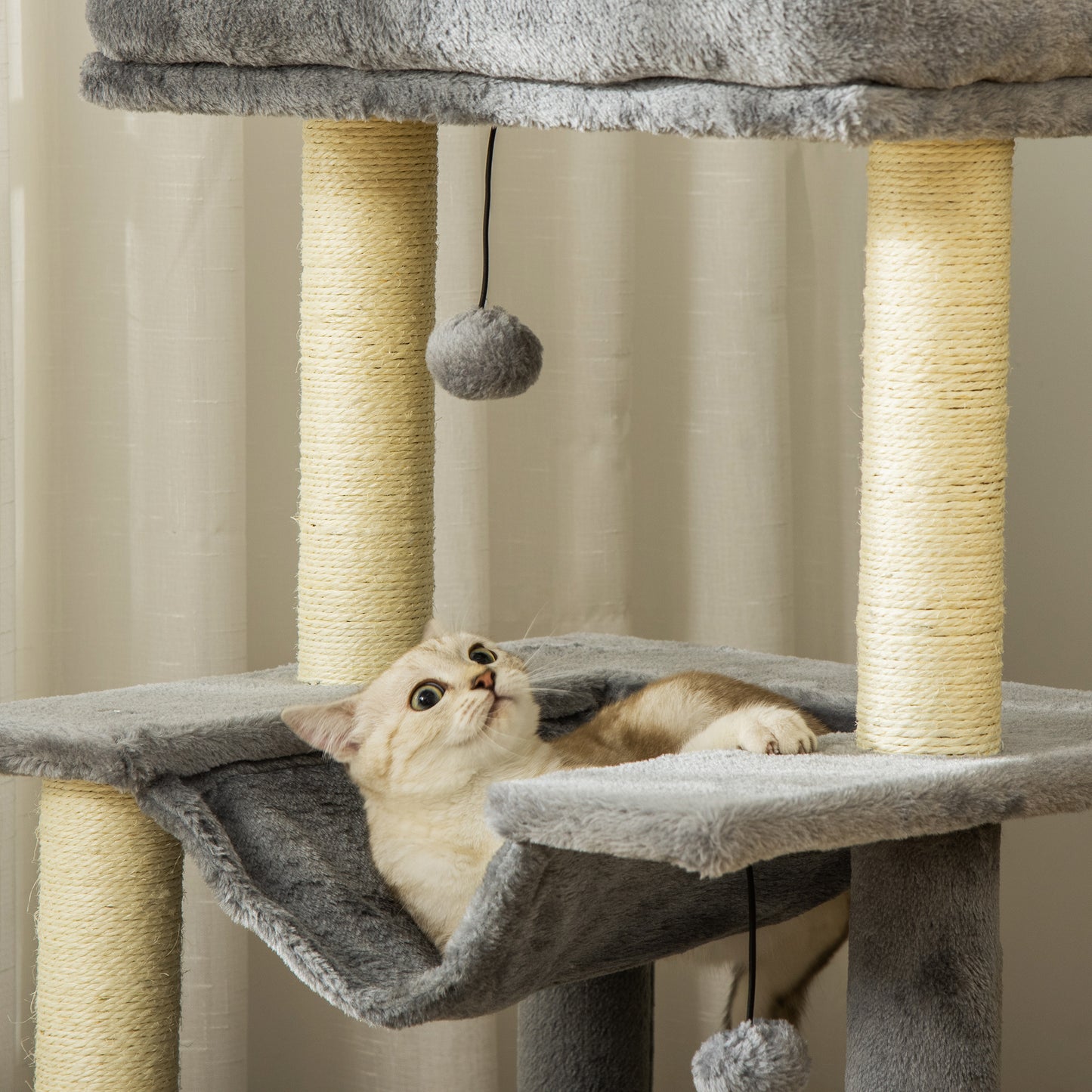 PawHut Árbol Rascador para Gatos Altura 90 cm Árbol para Gatos Torre para Gatos de 3 Niveles con Nido Hamaca Plataforma Bolas Colgantes y Poste de Sisal 48x48x90 cm Gris