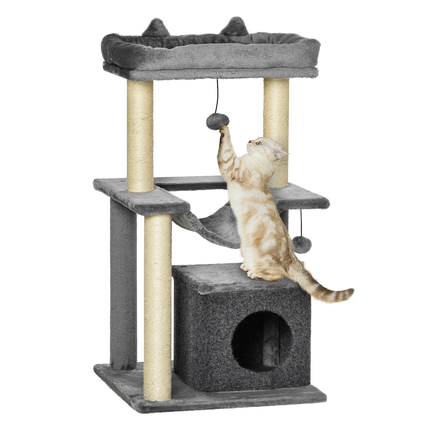 PawHut Árbol Rascador para Gatos Altura 90 cm Árbol para Gatos Torre para Gatos de 3 Niveles con Nido Hamaca Plataforma Bolas Colgantes y Poste de Sisal 48x48x90 cm Gris