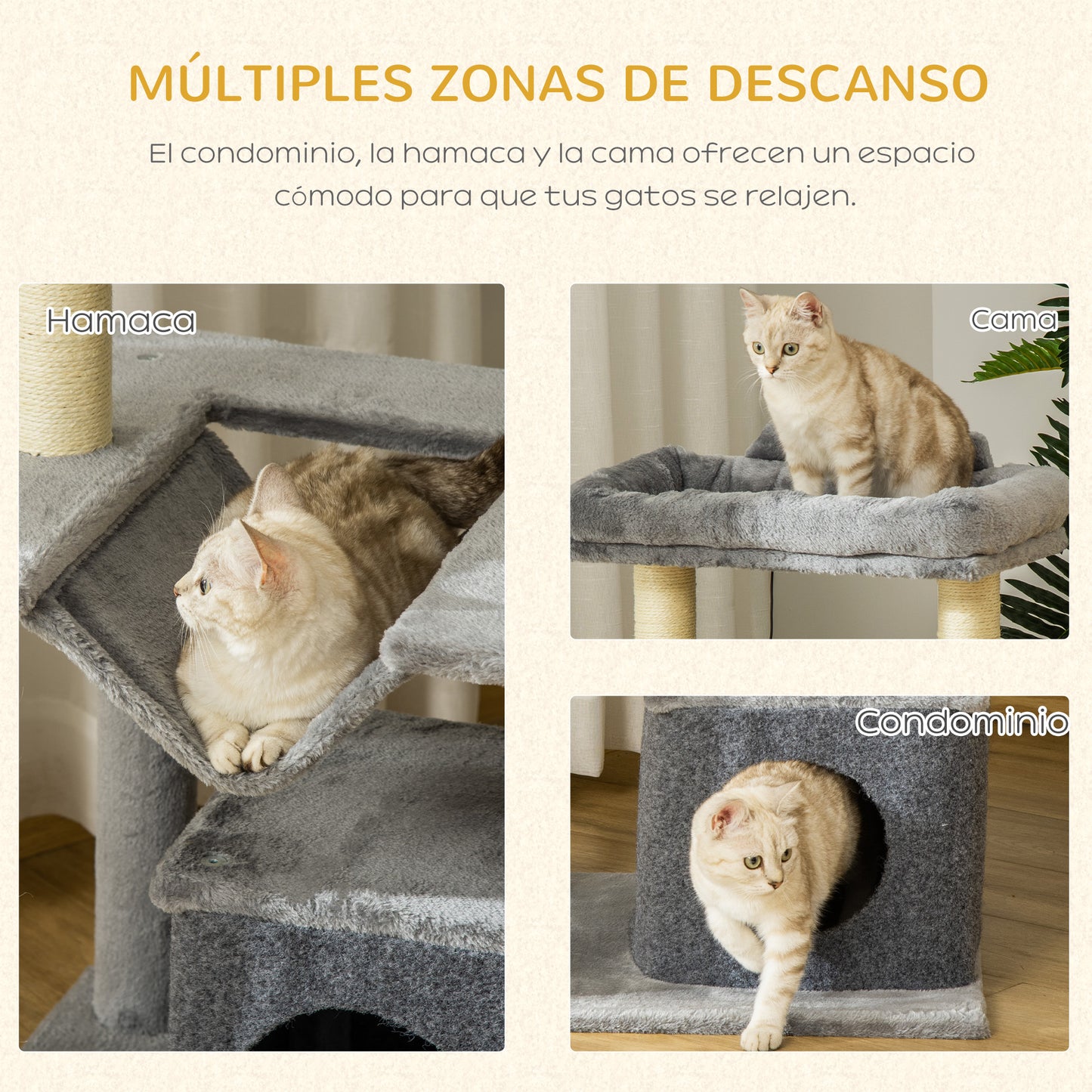 PawHut Árbol Rascador para Gatos Altura 90 cm Árbol para Gatos Torre para Gatos de 3 Niveles con Nido Hamaca Plataforma Bolas Colgantes y Poste de Sisal 48x48x90 cm Gris