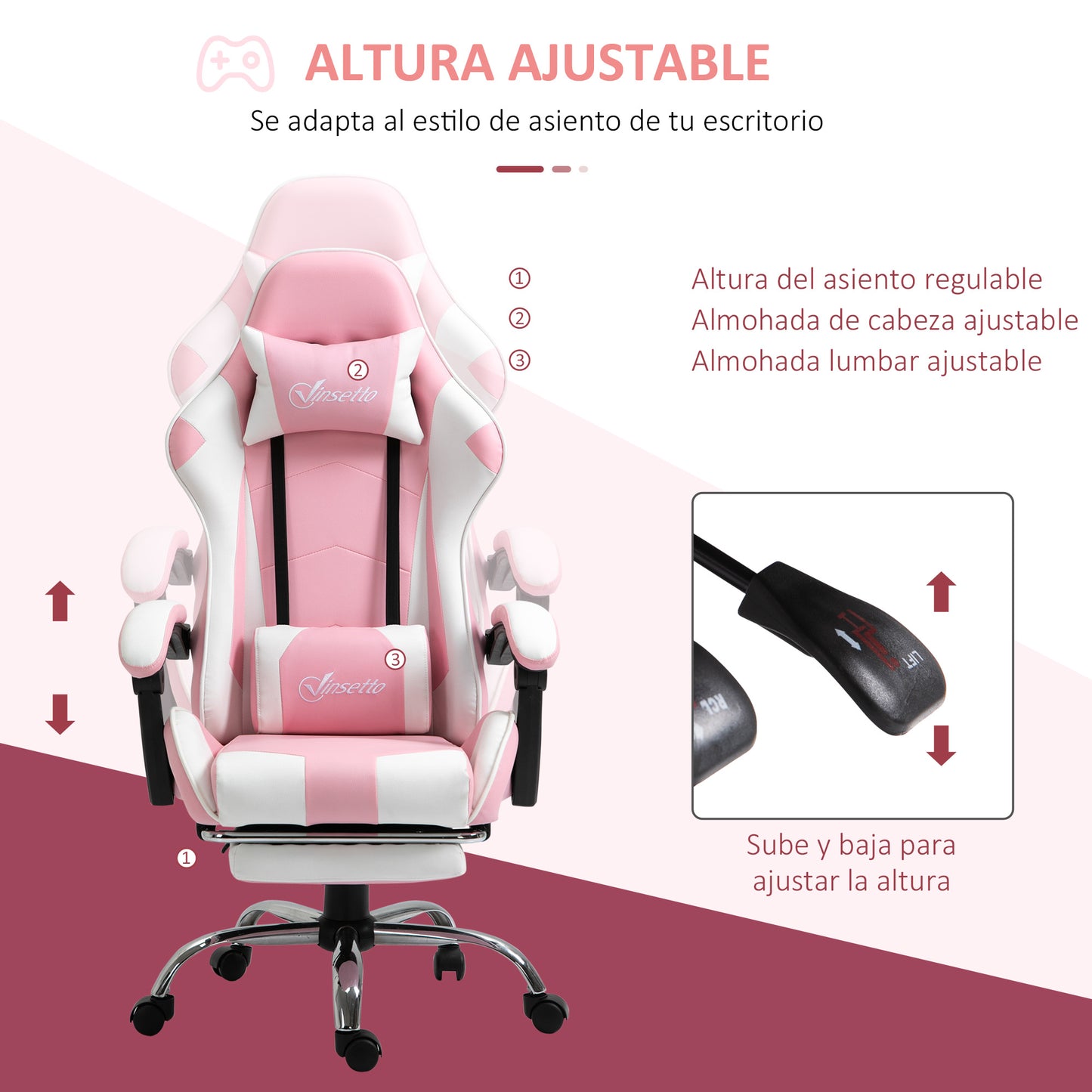 Vinsetto Silla Gaming Reclinable Silla Gamer Giratoria con Reposacabezas Reposapiés Cojín Lumbar Altura Ajustable para Oficina Estudio 64x67x119-127 cm Rosa