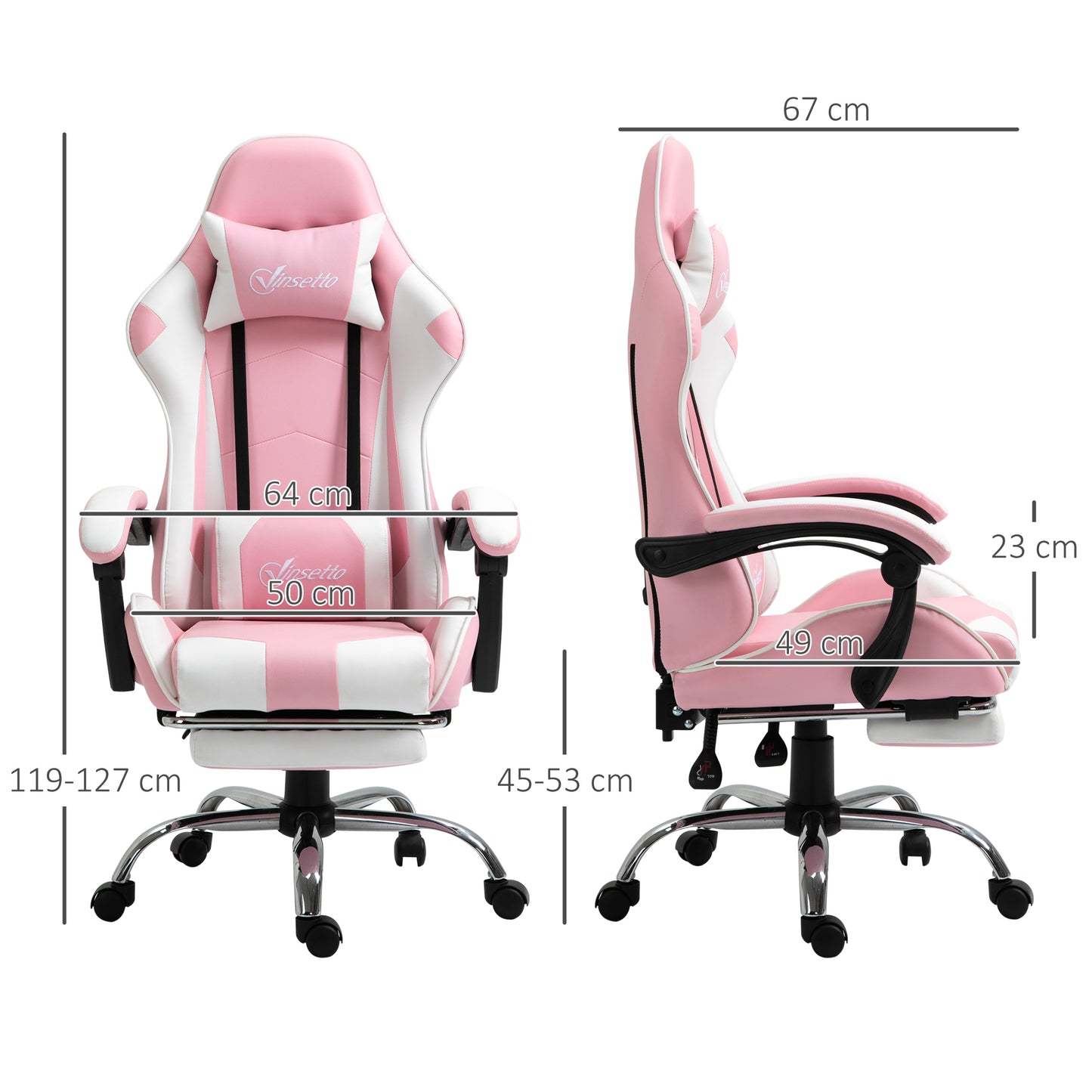 Vinsetto Silla Gaming Reclinable Silla Gamer Giratoria con Reposacabezas Reposapiés Cojín Lumbar Altura Ajustable para Oficina Estudio 64x67x119-127 cm Rosa