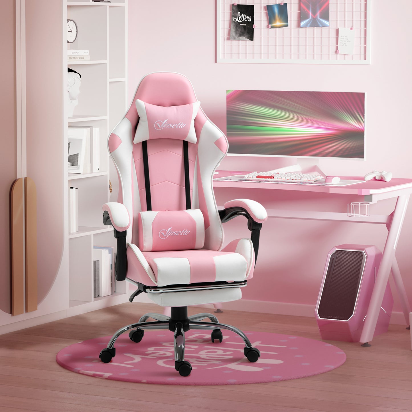 Vinsetto Silla Gaming Reclinable Silla Gamer Giratoria con Reposacabezas Reposapiés Cojín Lumbar Altura Ajustable para Oficina Estudio 64x67x119-127 cm Rosa