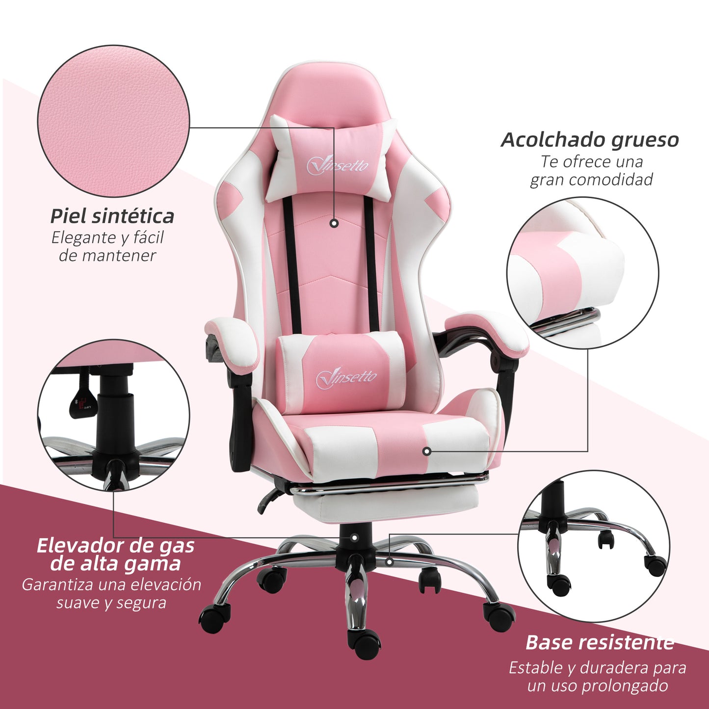 Vinsetto Silla Gaming Reclinable Silla Gamer Giratoria con Reposacabezas Reposapiés Cojín Lumbar Altura Ajustable para Oficina Estudio 64x67x119-127 cm Rosa