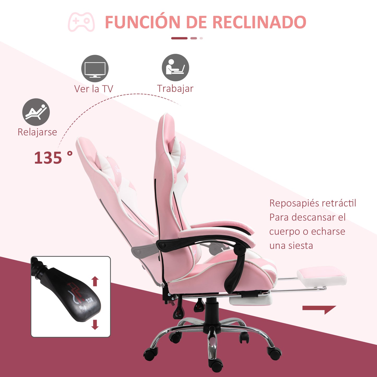 Vinsetto Silla Gaming Reclinable Silla Gamer Giratoria con Reposacabezas Reposapiés Cojín Lumbar Altura Ajustable para Oficina Estudio 64x67x119-127 cm Rosa