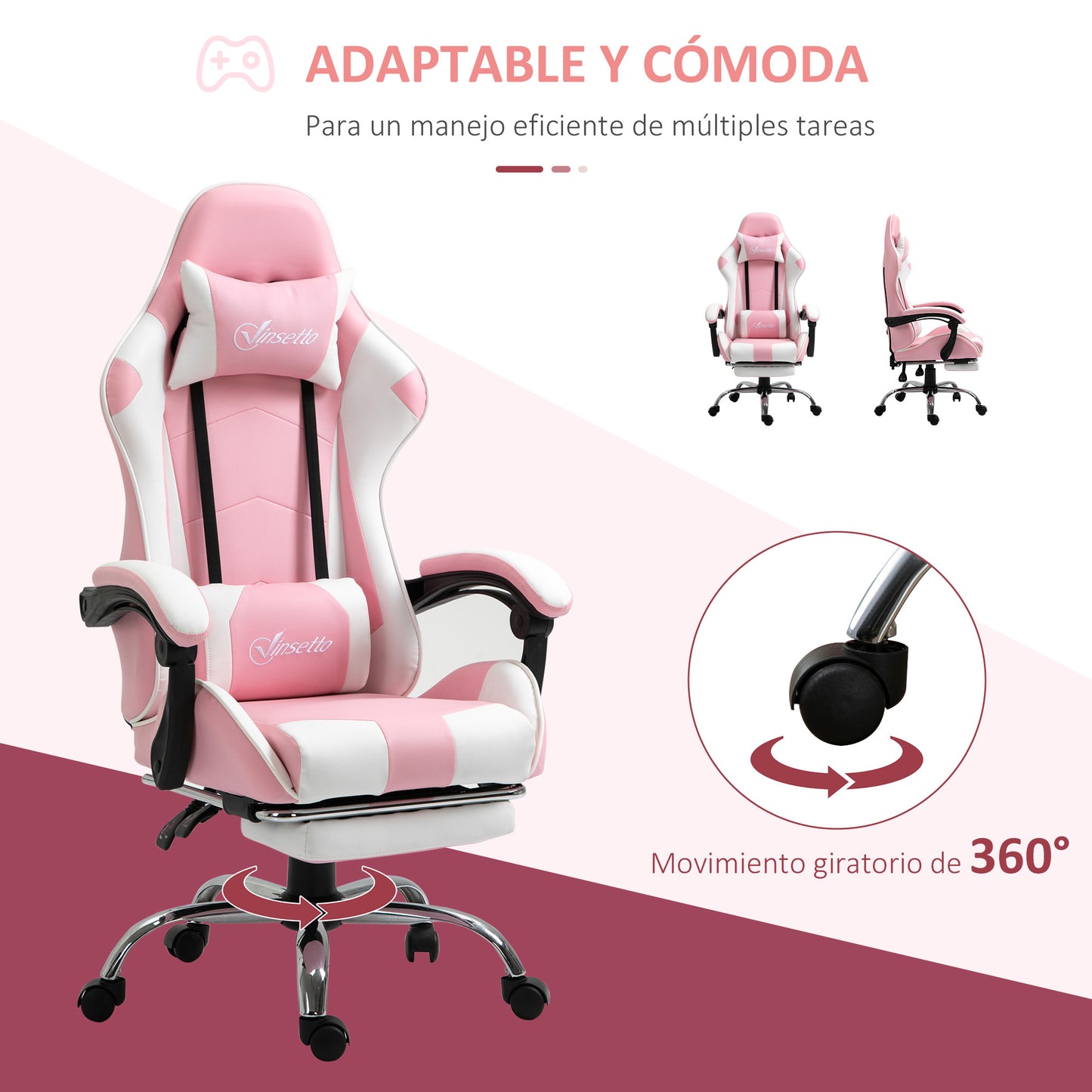 Vinsetto Silla Gaming Reclinable Silla Gamer Giratoria con Reposacabezas Reposapiés Cojín Lumbar Altura Ajustable para Oficina Estudio 64x67x119-127 cm Rosa