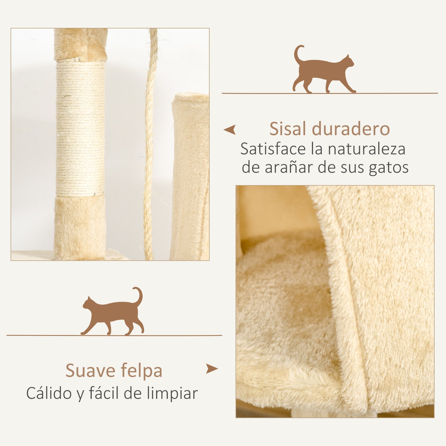 PawHut Árbol para gatos Rascador Grande con Plataformas Casetas Bolas de Juego 114cm Cubierto de Felpa Beige