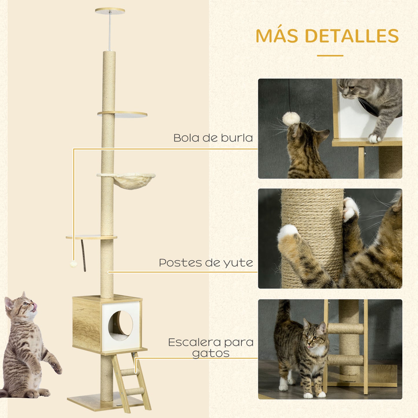 PawHut Árbol para Gatos del Suelo al Techo 225-285 cm Árbol Pequeño para Gatos con Altura Ajustable Plataformas Hamaca Caseta Poste de Yute Rampa y Bolas para Jugar 40x40x225-285 cm Beige