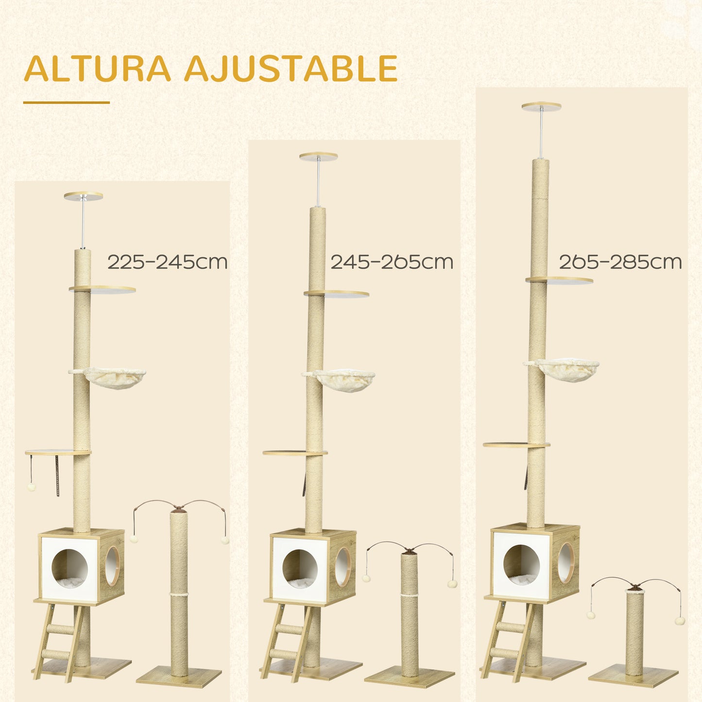 PawHut Árbol para Gatos del Suelo al Techo 225-285 cm Árbol Pequeño para Gatos con Altura Ajustable Plataformas Hamaca Caseta Poste de Yute Rampa y Bolas para Jugar 40x40x225-285 cm Beige