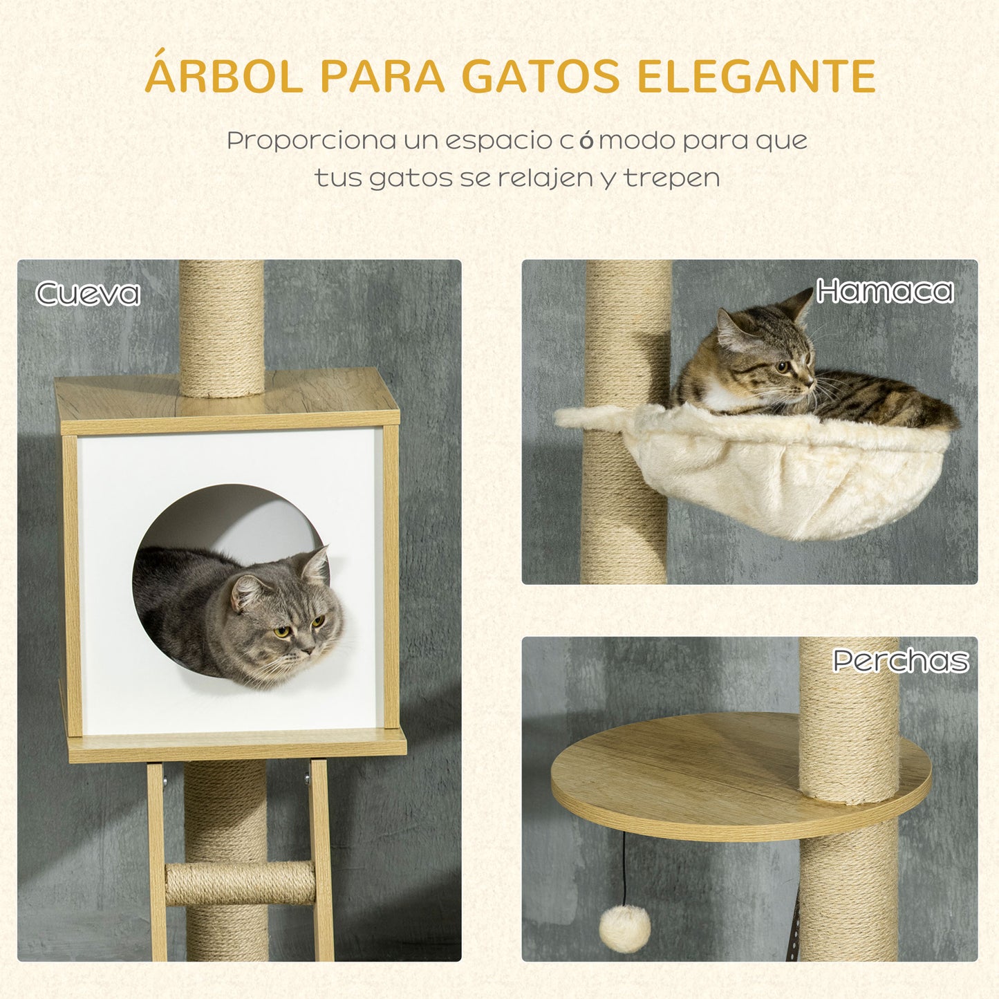 PawHut Árbol para Gatos del Suelo al Techo 225-285 cm Árbol Pequeño para Gatos con Altura Ajustable Plataformas Hamaca Caseta Poste de Yute Rampa y Bolas para Jugar 40x40x225-285 cm Beige