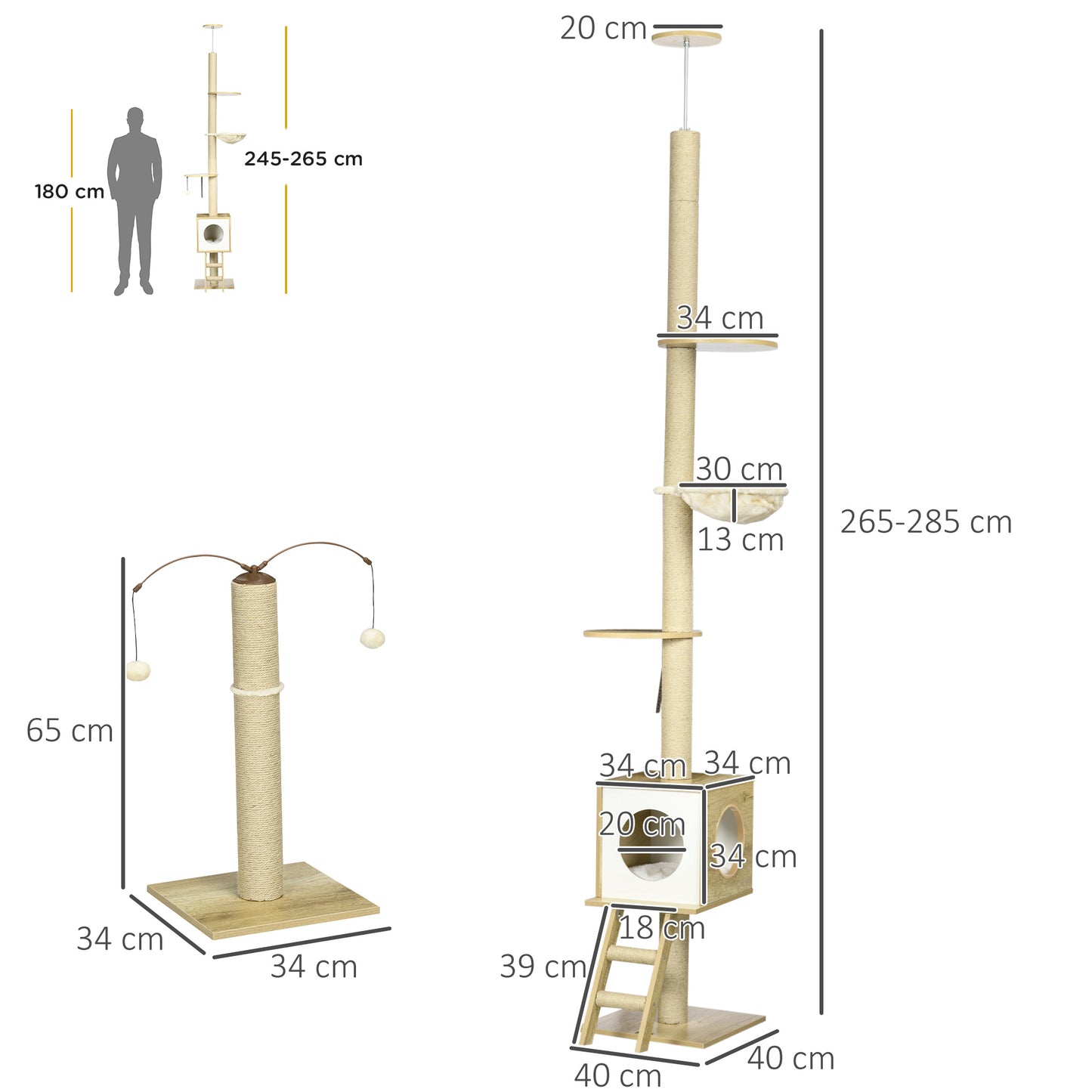 PawHut Árbol para Gatos del Suelo al Techo 225-285 cm Árbol Pequeño para Gatos con Altura Ajustable Plataformas Hamaca Caseta Poste de Yute Rampa y Bolas para Jugar 40x40x225-285 cm Beige