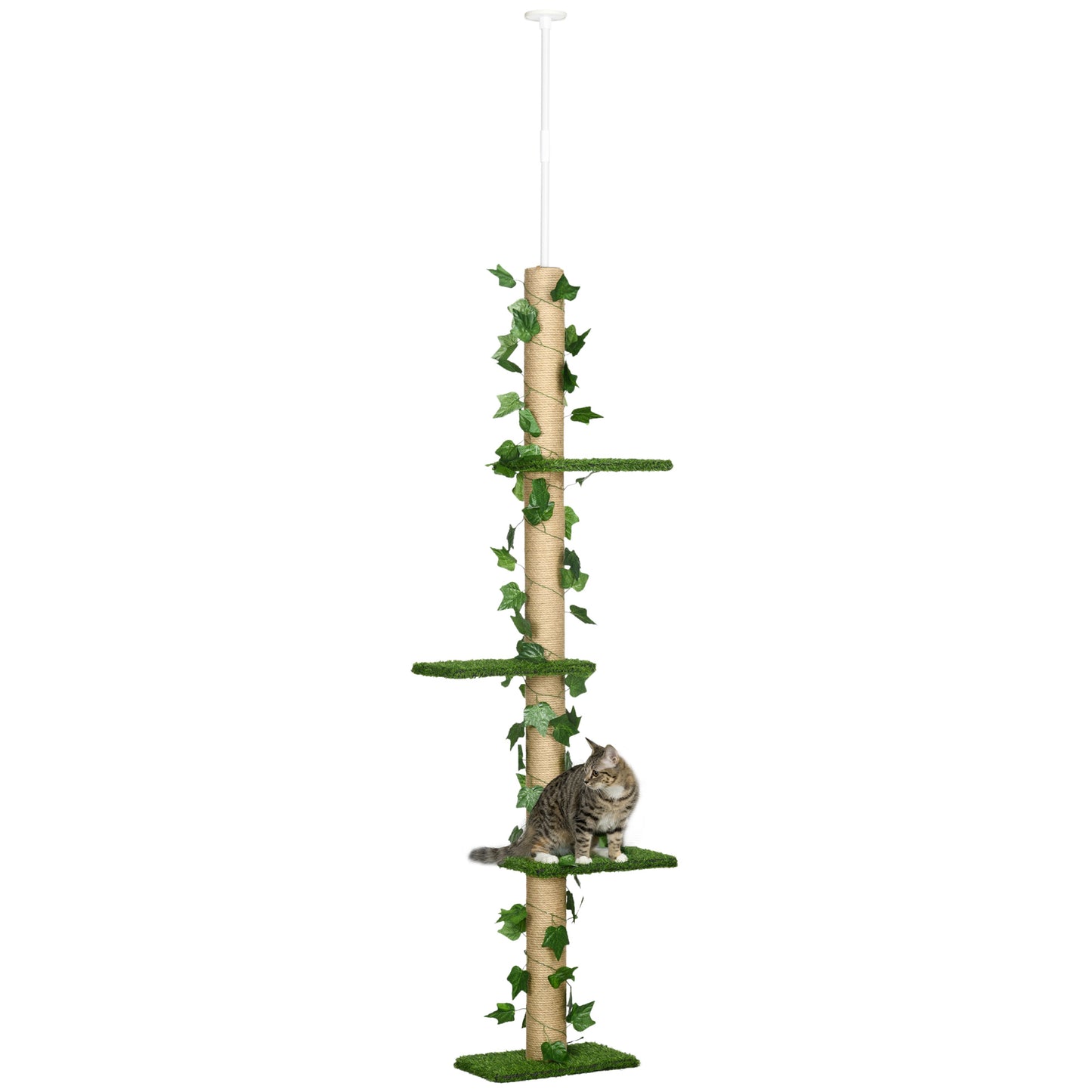 Pawhut Árbol para Gatos de Suelo a Techo de 202-242 cm Torre para Gatos con 3 Plataformas Postes Rascadores Altura Ajustable y Decoración de Hoja de Arce Verde